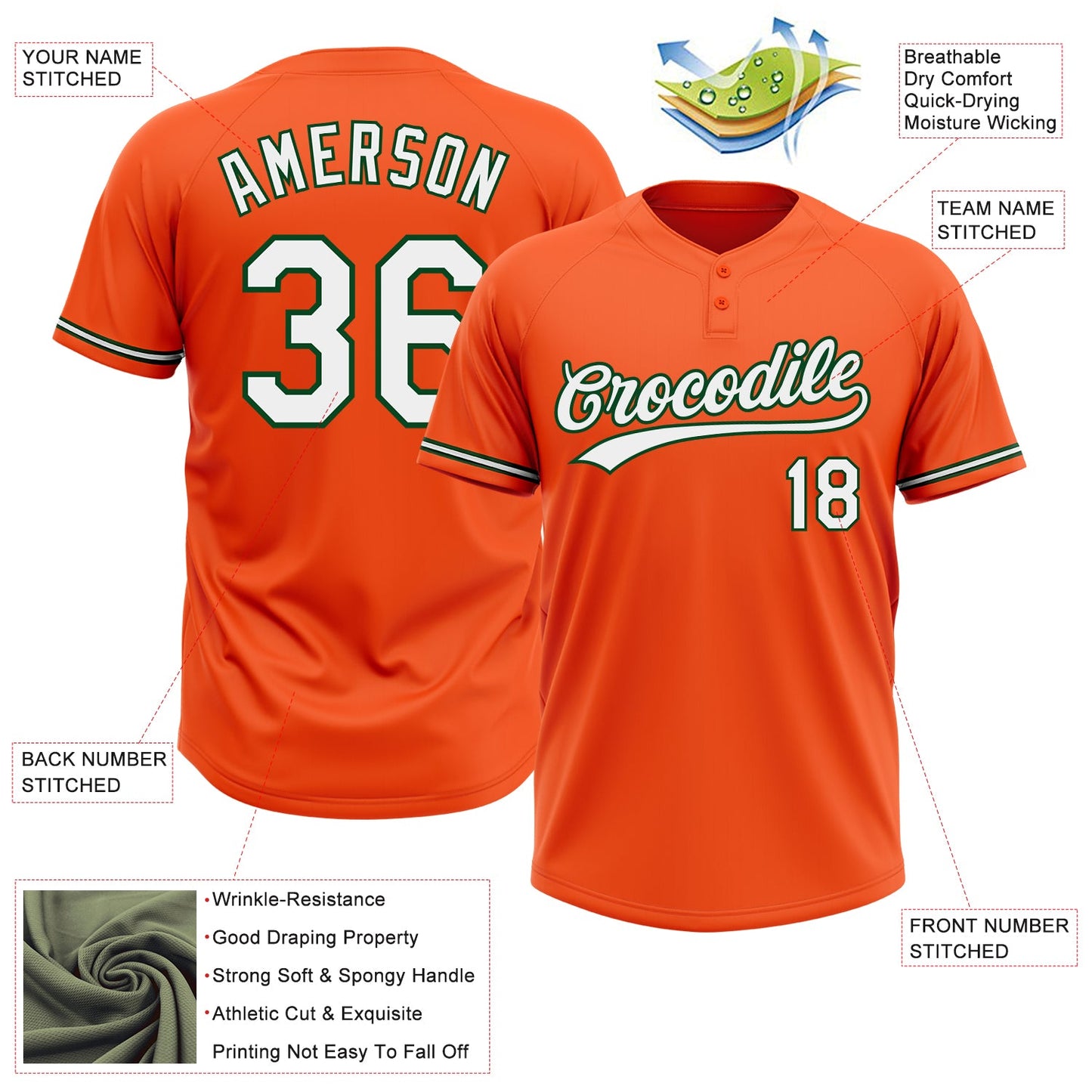Custom Orange White-Green Two-Button Unisex Softball Jersey view 3