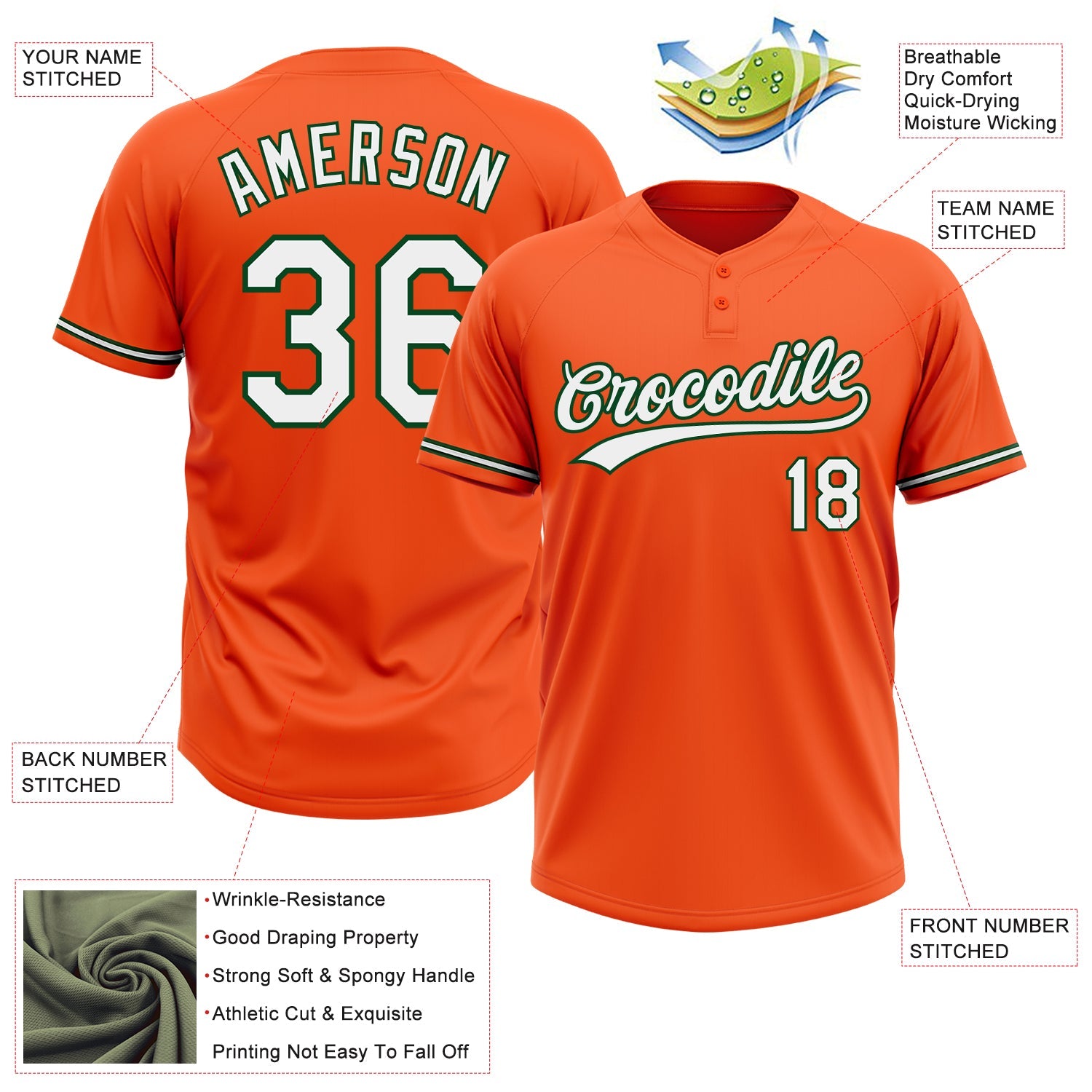 Custom Orange White-Green Two-Button Unisex Softball Jersey view 3
