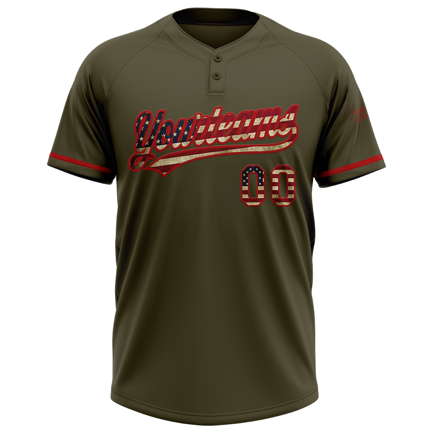 Custom Olive Vintage USA Flag-Red Salute To Service Two-Button Unisex Softball Jersey view 2