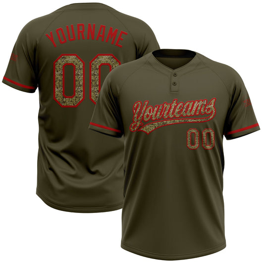 Custom Olive Camo-Red Salute To Service Two-Button Unisex Softball Jersey - Main View