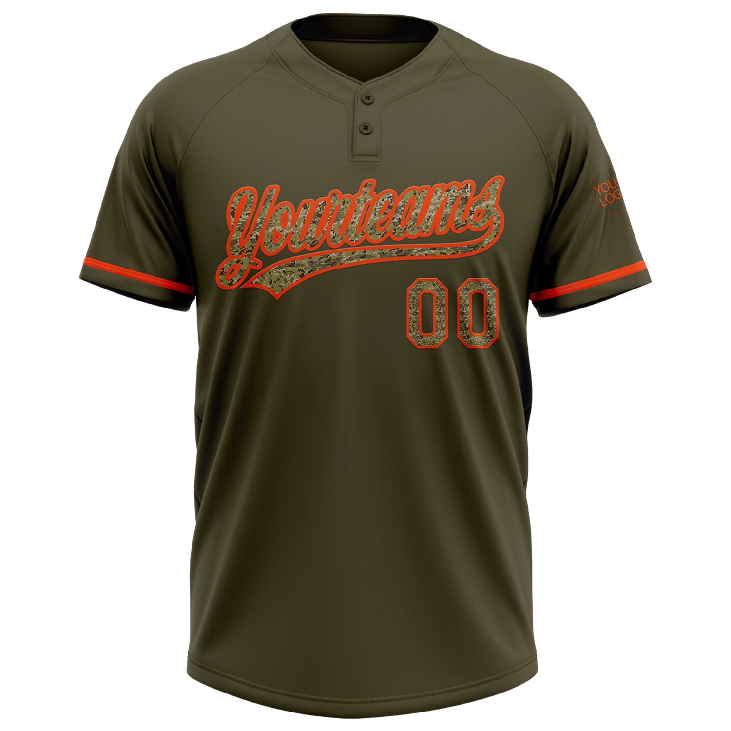 Custom Olive Camo-Orange Salute To Service Two-Button Unisex Softball Jersey view 2