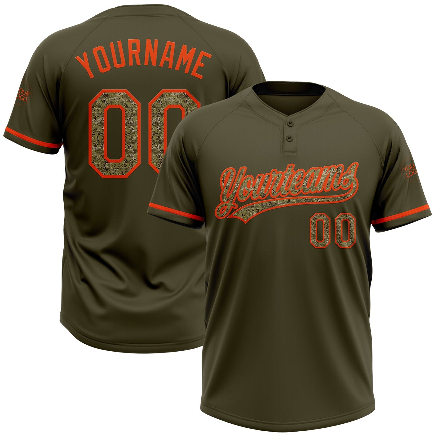 Custom Olive Camo-Orange Salute To Service Two-Button Unisex Softball Jersey - Main View