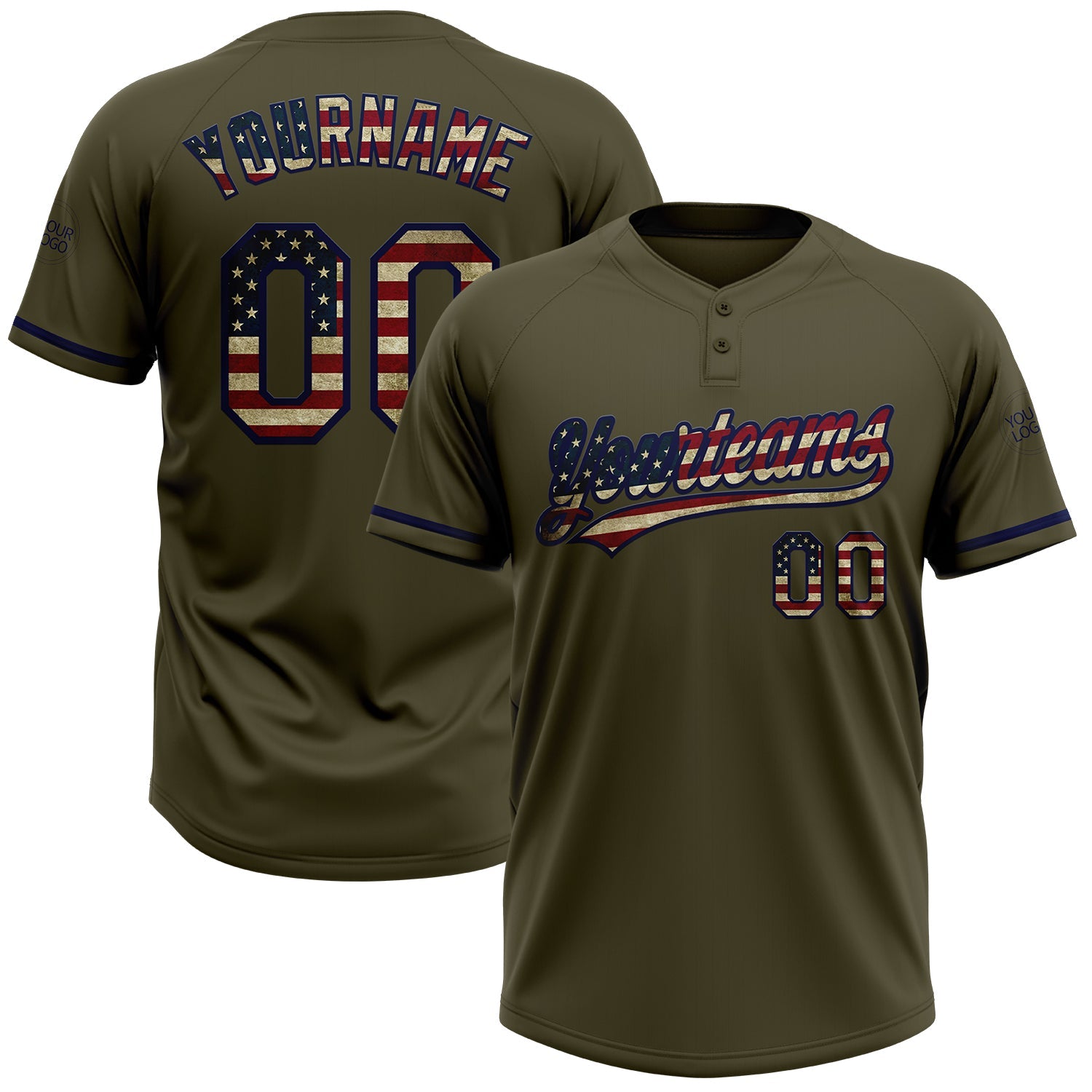 Custom Olive Vintage USA Flag-Navy Salute To Service Two-Button Unisex Softball Jersey - Main View