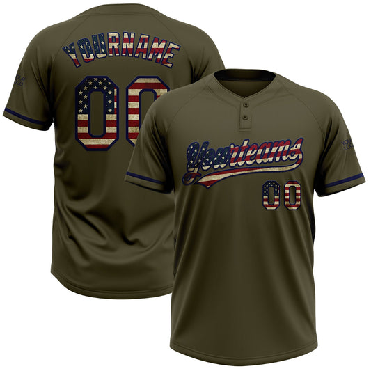 Custom Olive Vintage USA Flag-Navy Salute To Service Two-Button Unisex Softball Jersey - Main View