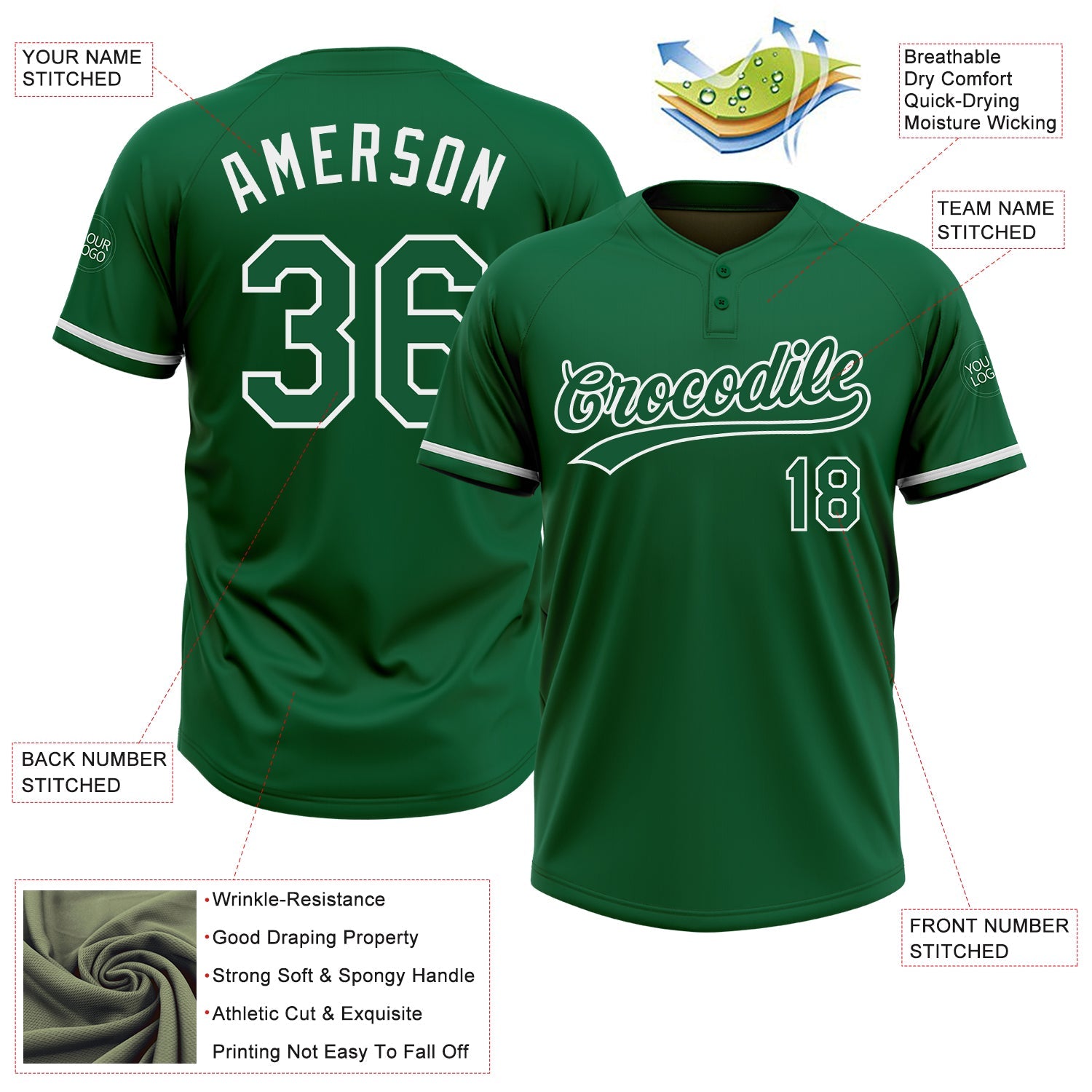 Custom Kelly Green White Two-Button Unisex Softball Jersey view 3
