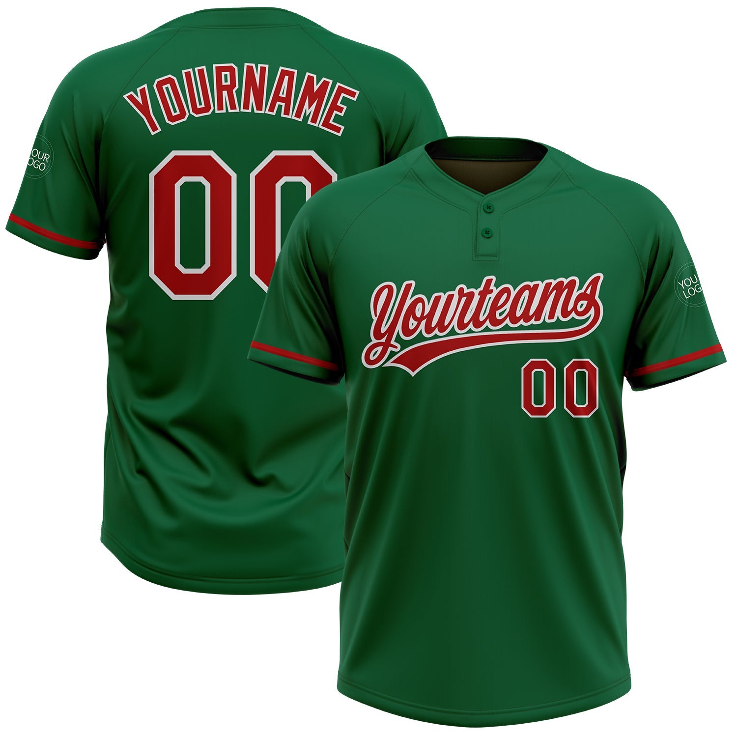 Custom Kelly Green Red-White Two-Button Unisex Softball Jersey - Main View