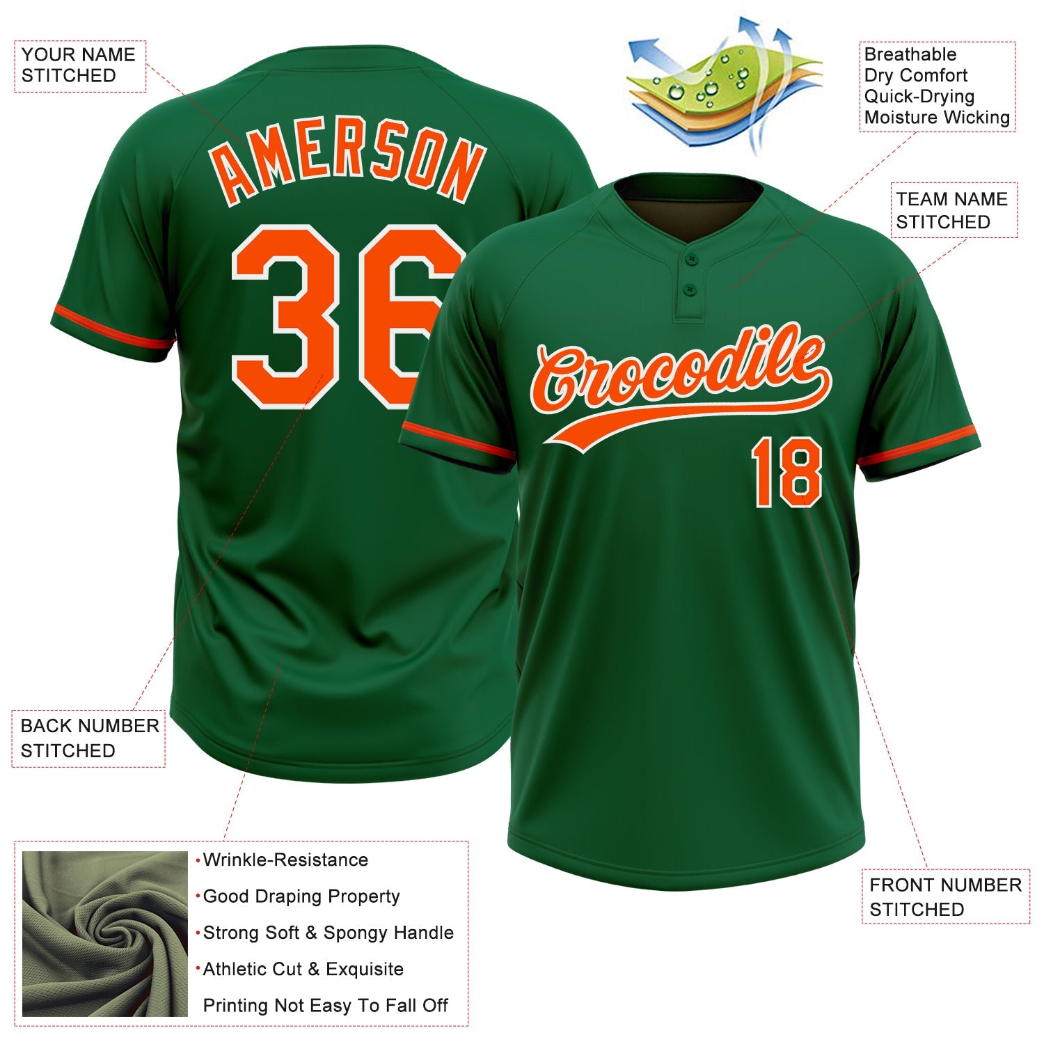 Custom Kelly Green Orange-White Two-Button Unisex Softball Jersey view 3
