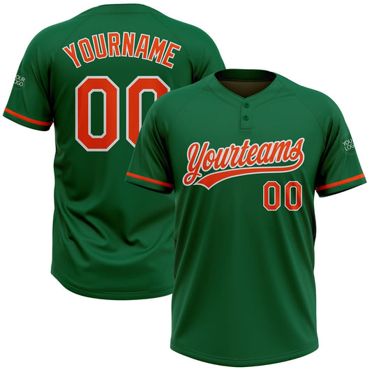 Custom Kelly Green Orange-White Two-Button Unisex Softball Jersey - Main View