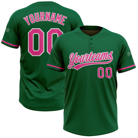 Custom Kelly Green Pink-White Two-Button Unisex Softball Jersey - Main View