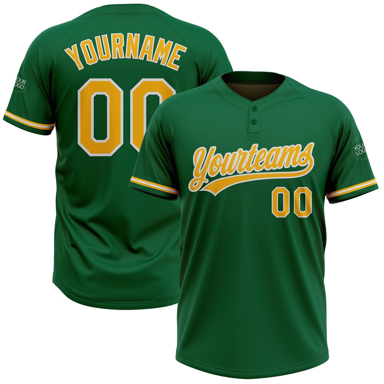 Custom Kelly Green Gold-White Two-Button Unisex Softball Jersey - Main View