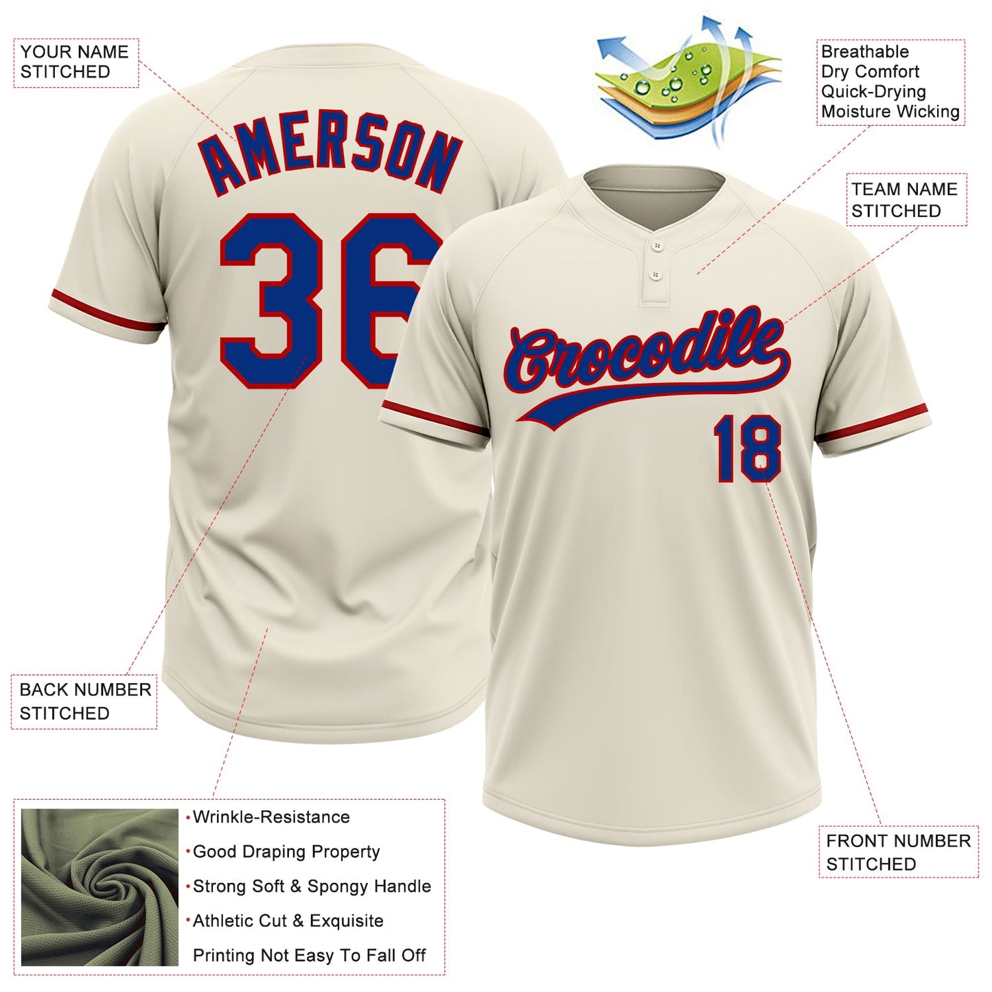 Custom Cream Royal-Red Two-Button Unisex Softball Jersey view 3