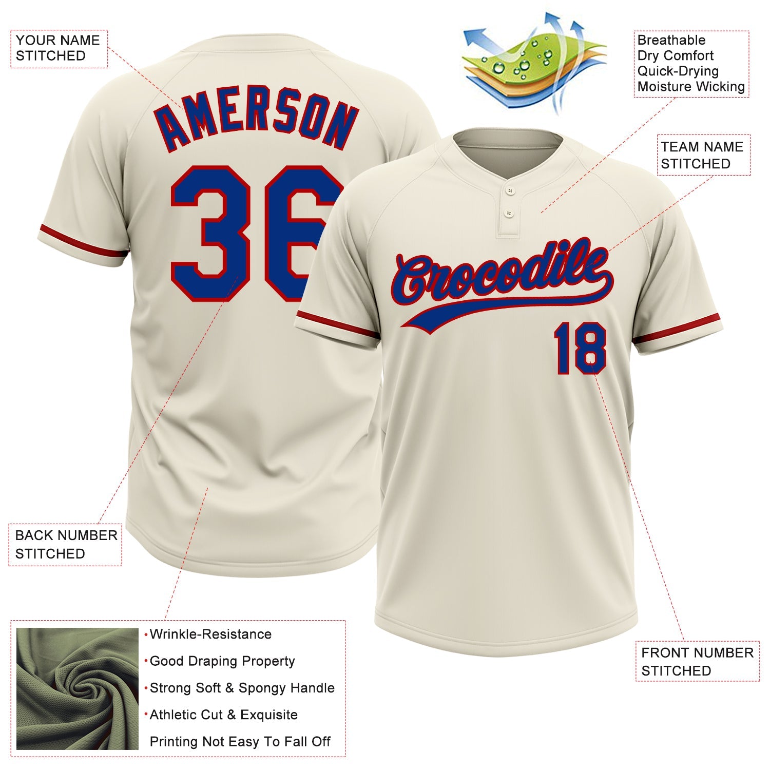 Custom Cream Royal-Red Two-Button Unisex Softball Jersey view 3