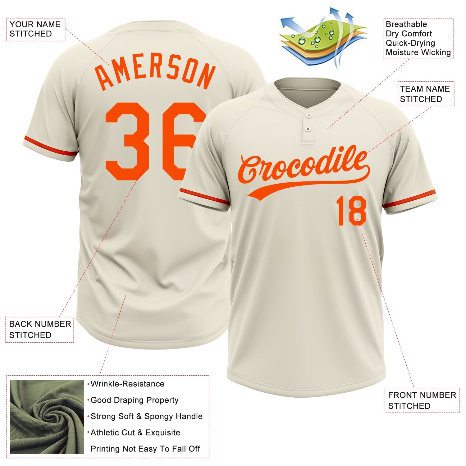 Custom Cream Orange Two-Button Unisex Softball Jersey view 3