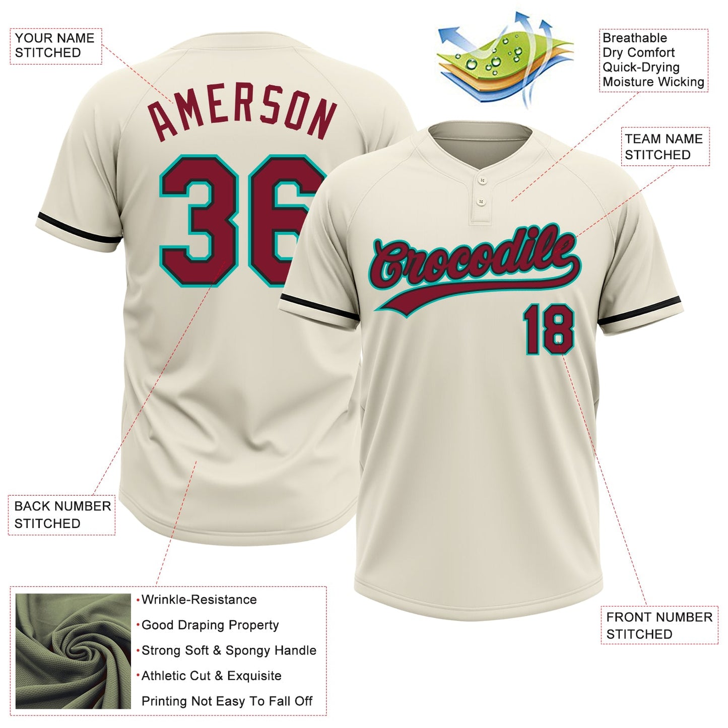 Custom Cream Crimson Black-Aqua Two-Button Unisex Softball Jersey view 3