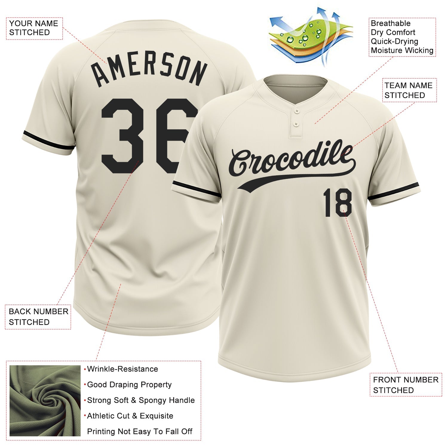 Custom Cream Black Two-Button Unisex Softball Jersey view 3