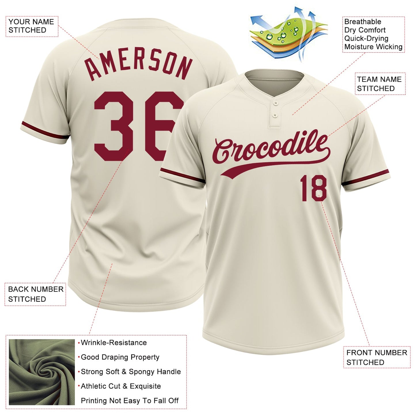 Custom Cream Crimson Two-Button Unisex Softball Jersey view 3