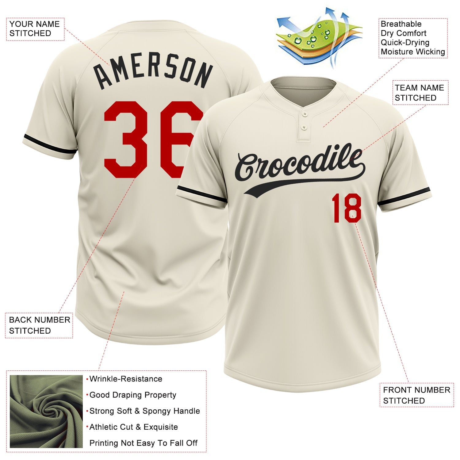 Custom Cream Red-Black Two-Button Unisex Softball Jersey view 3