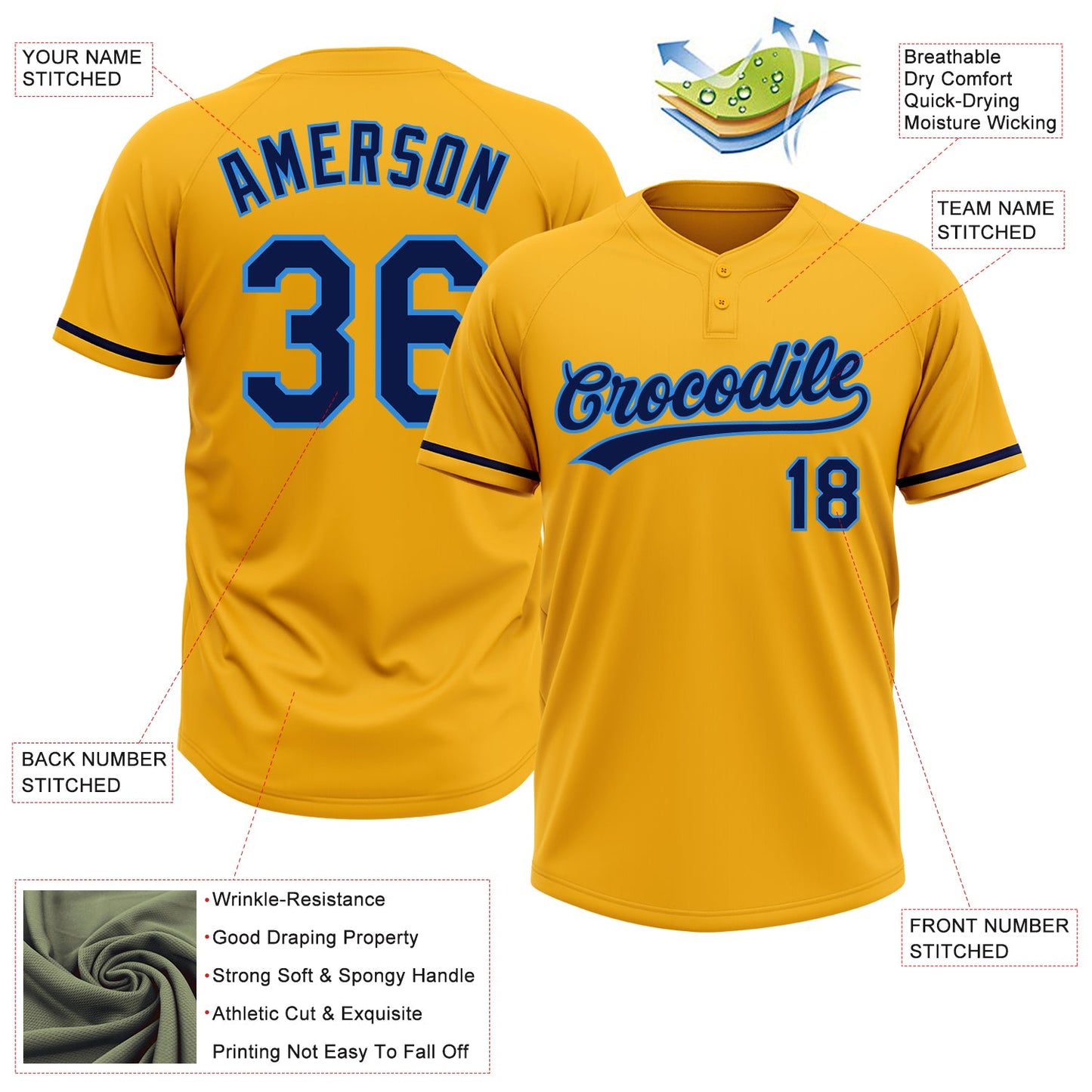 Custom Gold Navy-Electric Blue Two-Button Unisex Softball Jersey view 3