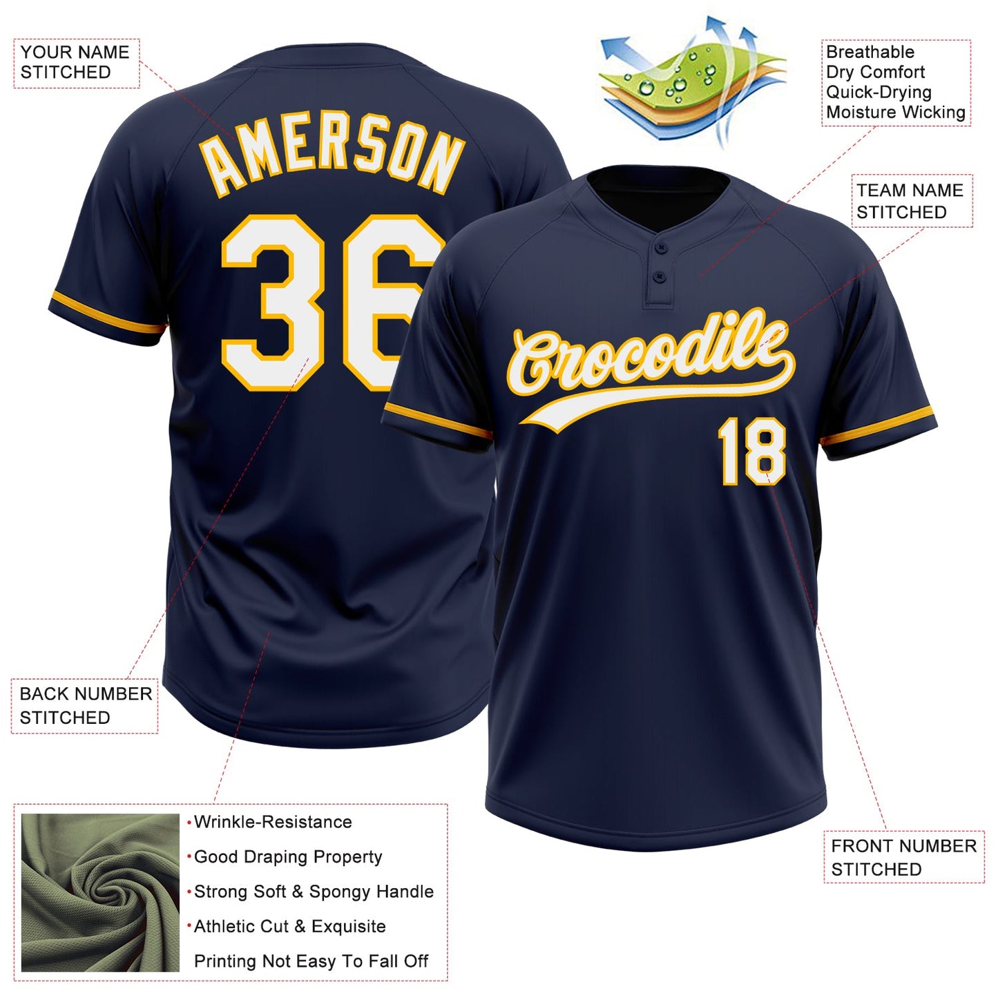 Custom Navy White-Gold Two-Button Unisex Softball Jersey view 3