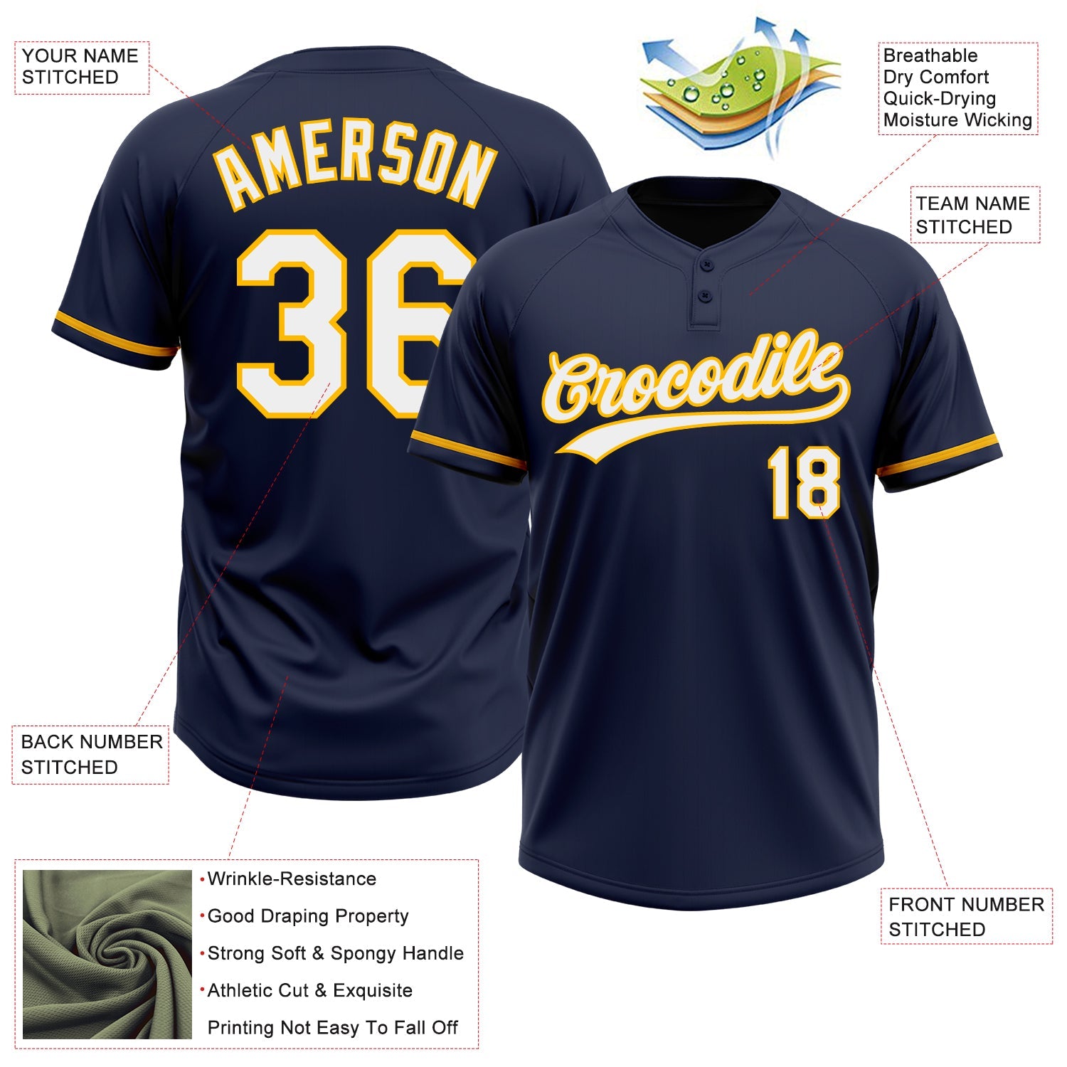 Custom Navy White-Gold Two-Button Unisex Softball Jersey view 3