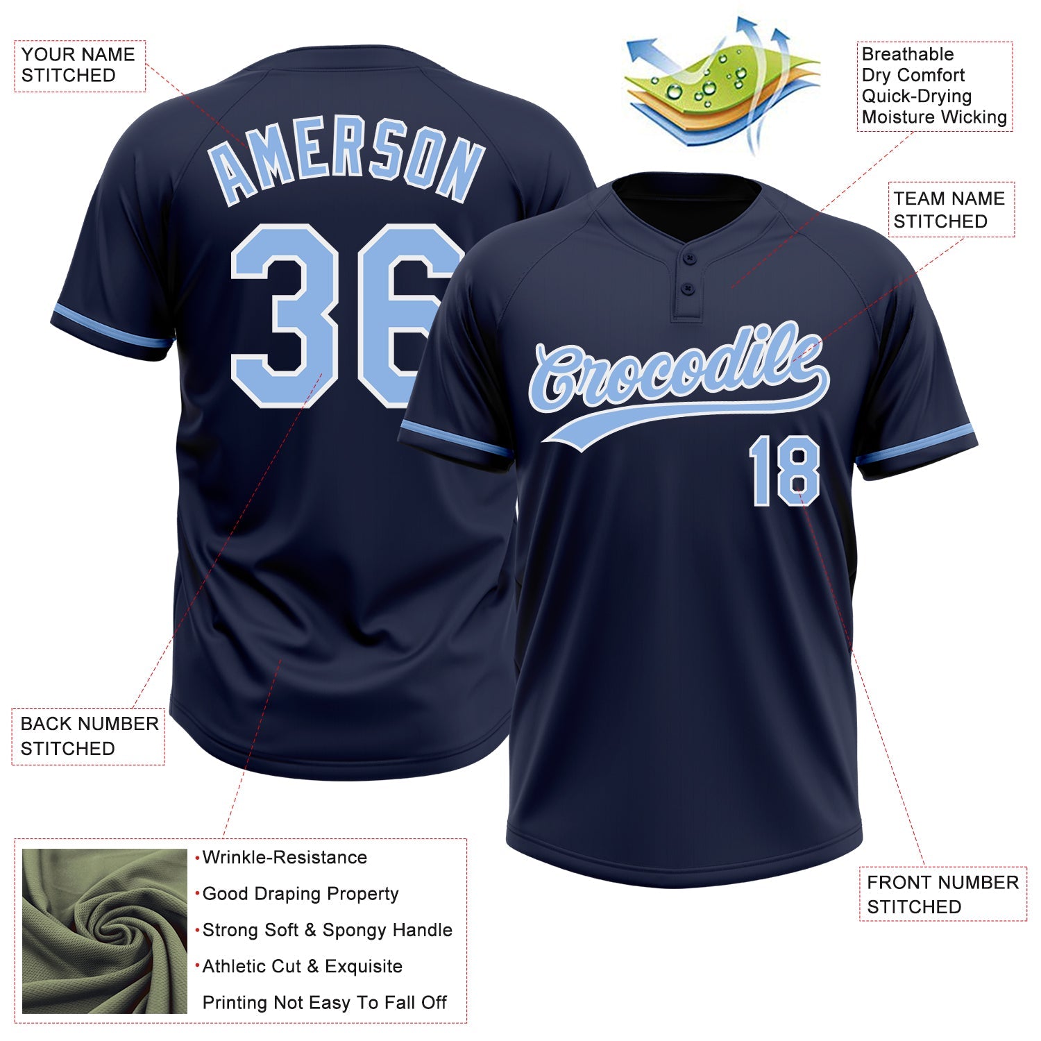 Custom Navy Light Blue-White Two-Button Unisex Softball Jersey view 3
