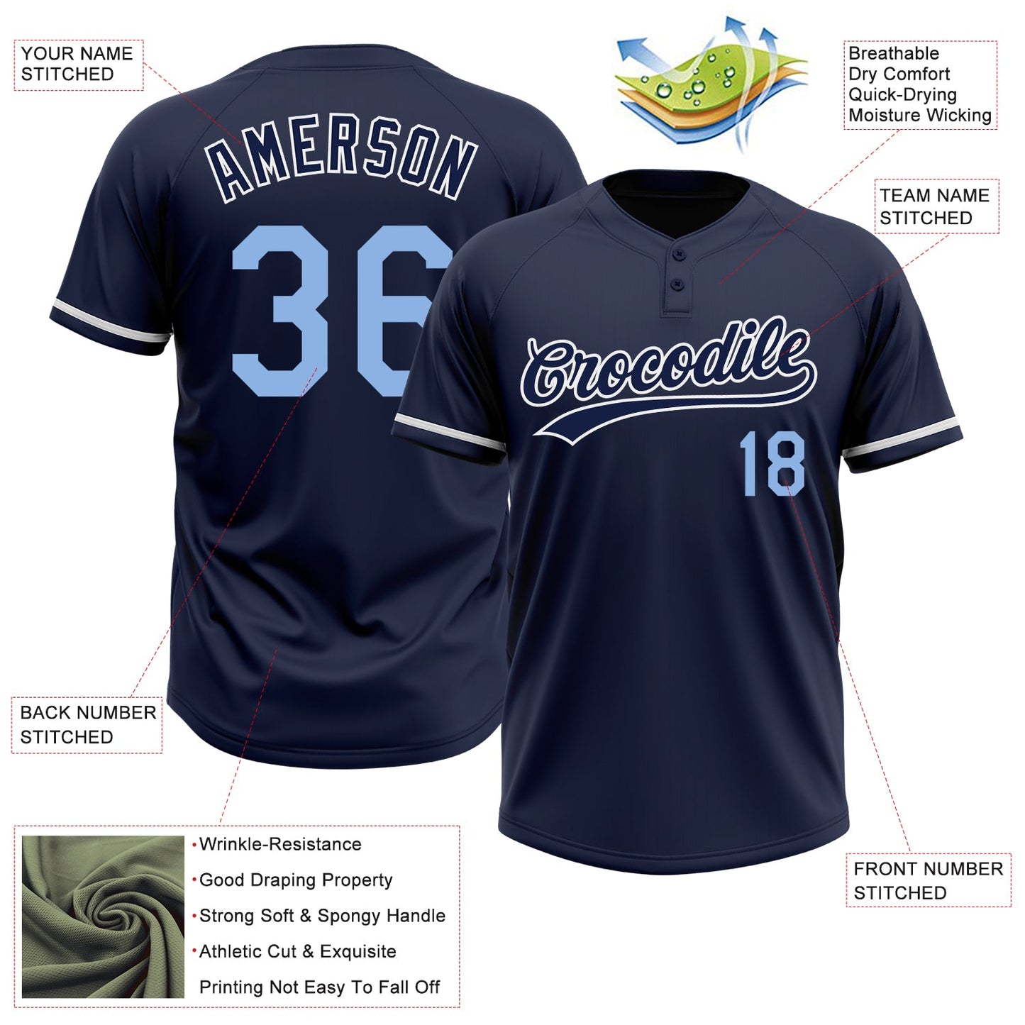 Custom Navy Light Blue-White Two-Button Unisex Softball Jersey view 3
