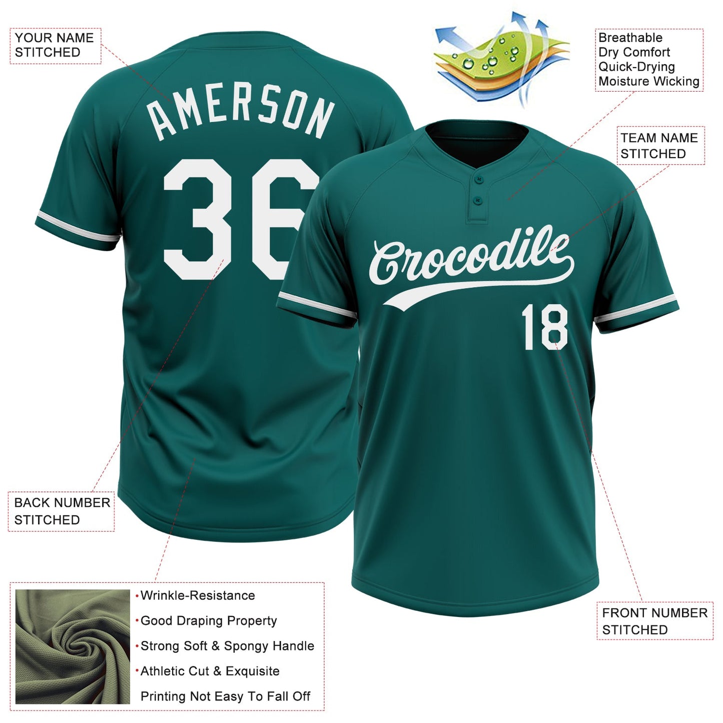 Custom Teal White Two-Button Unisex Softball Jersey view 3