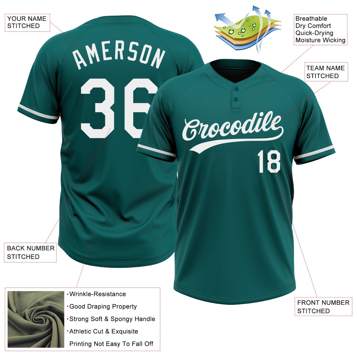 Custom Teal White Two-Button Unisex Softball Jersey view 3