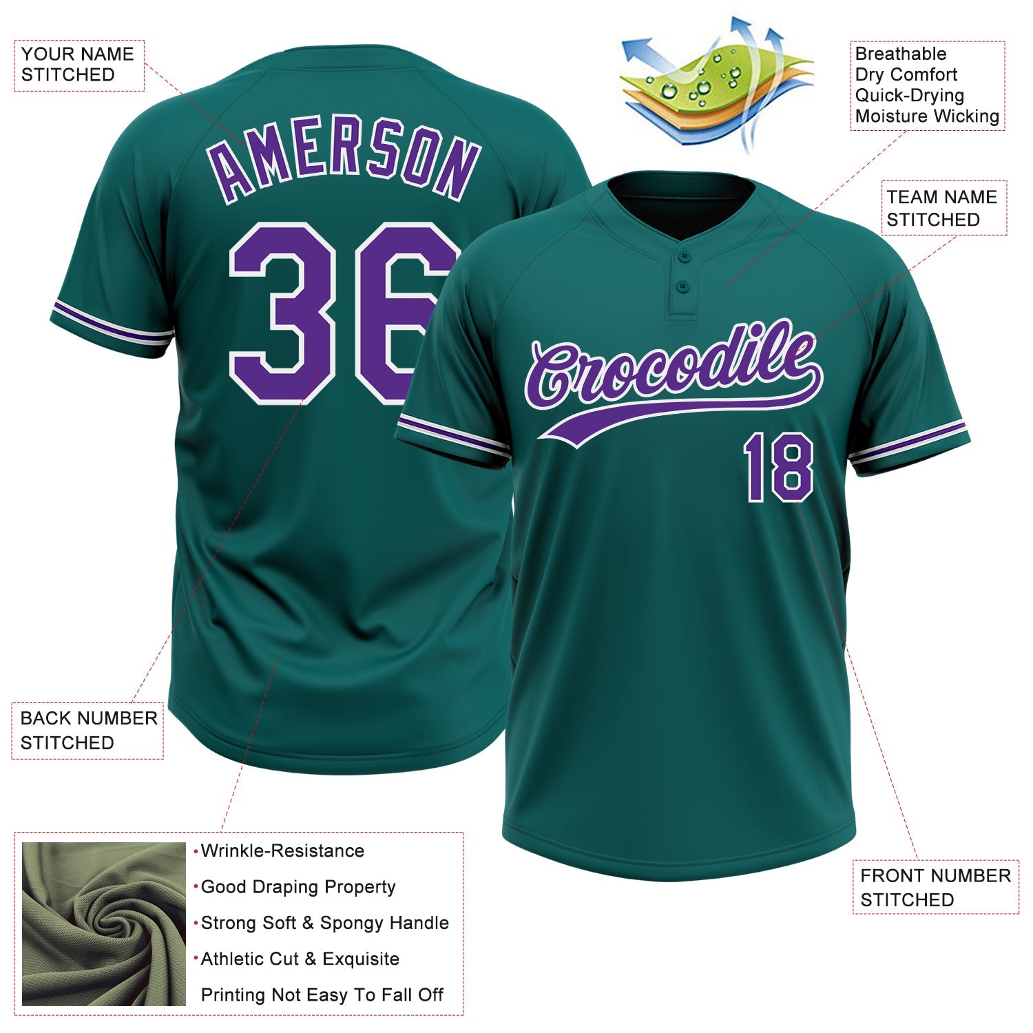 Custom Teal Purple-White Two-Button Unisex Softball Jersey view 3