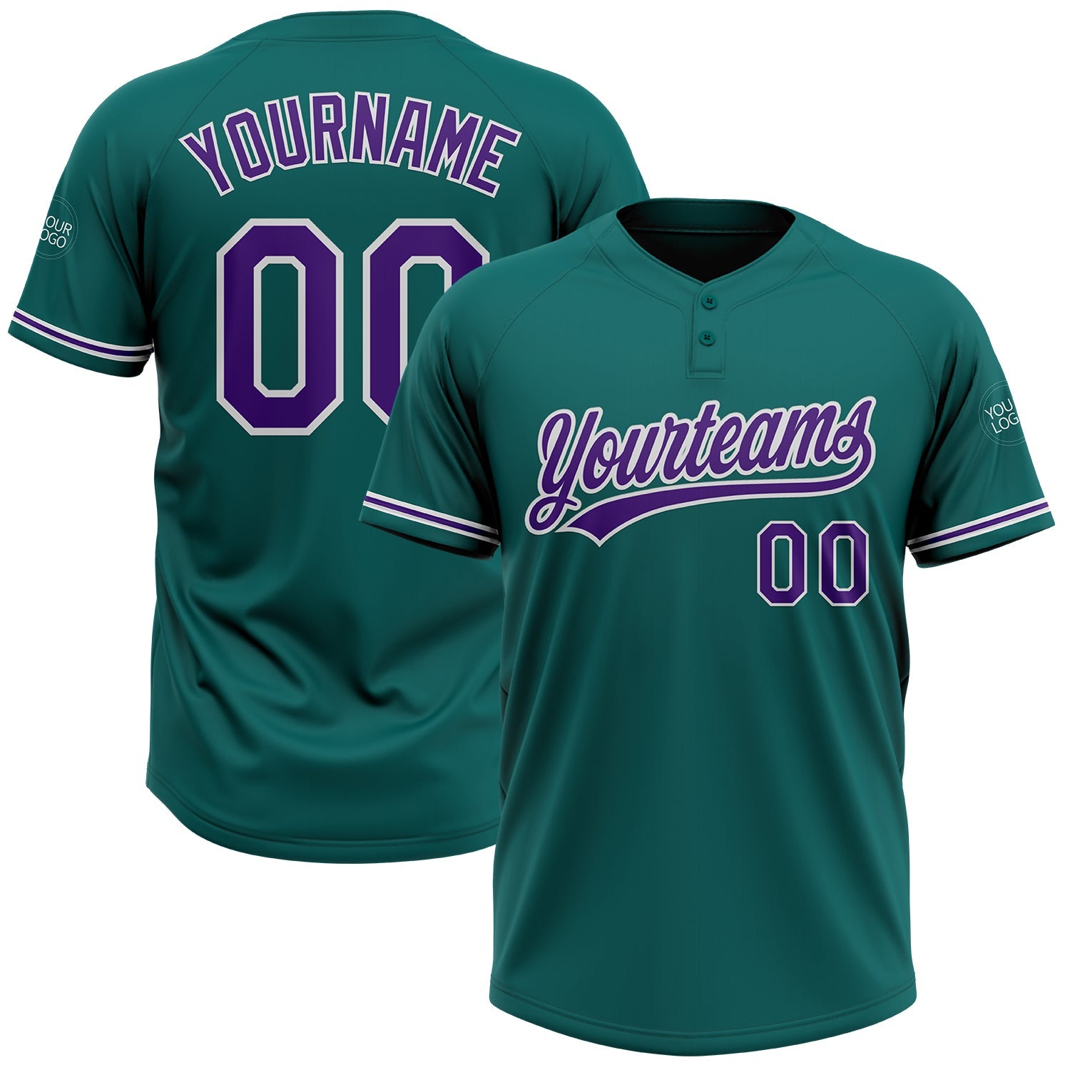 Custom Teal Purple-White Two-Button Unisex Softball Jersey - Main View