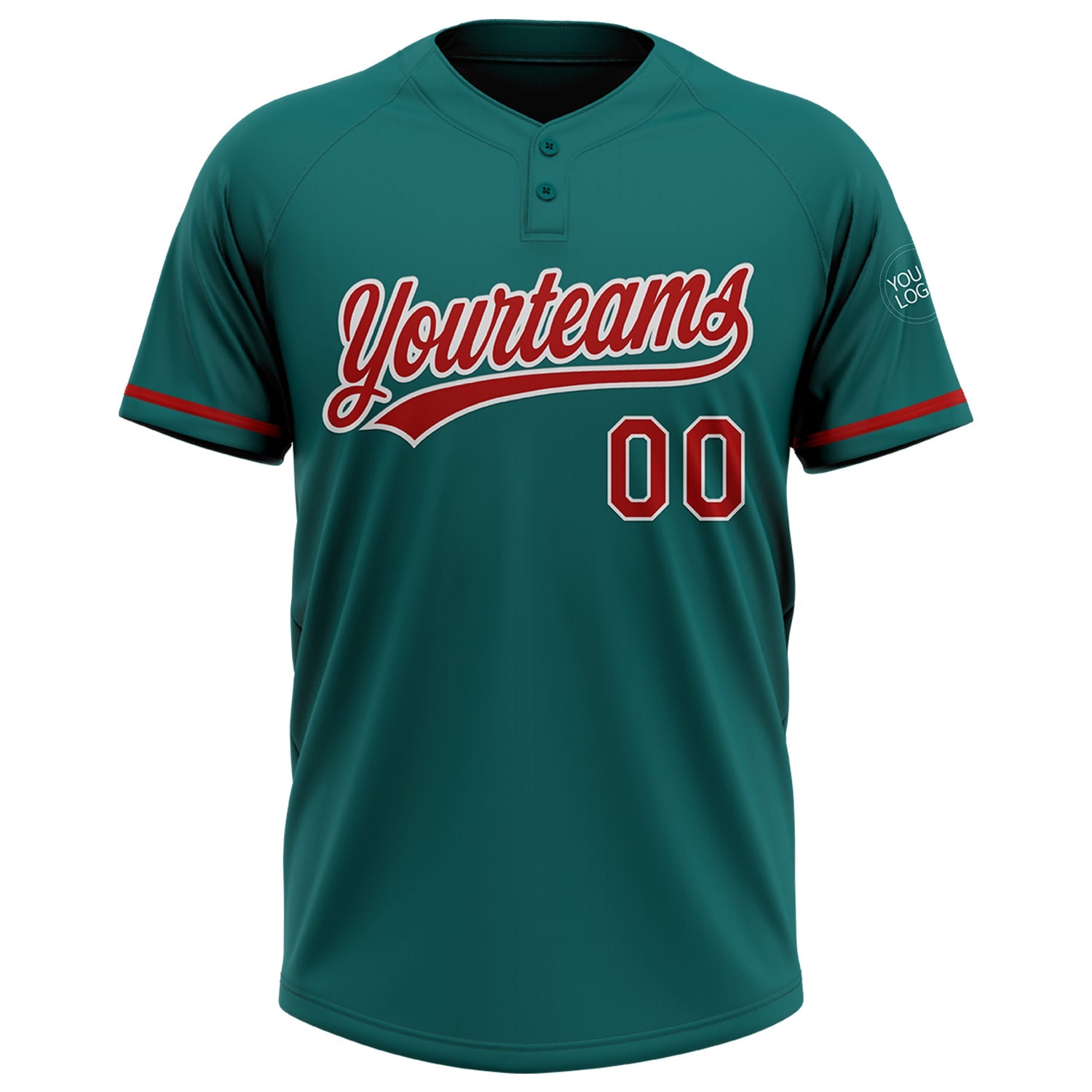 Custom Teal Red-White Two-Button Unisex Softball Jersey view 2