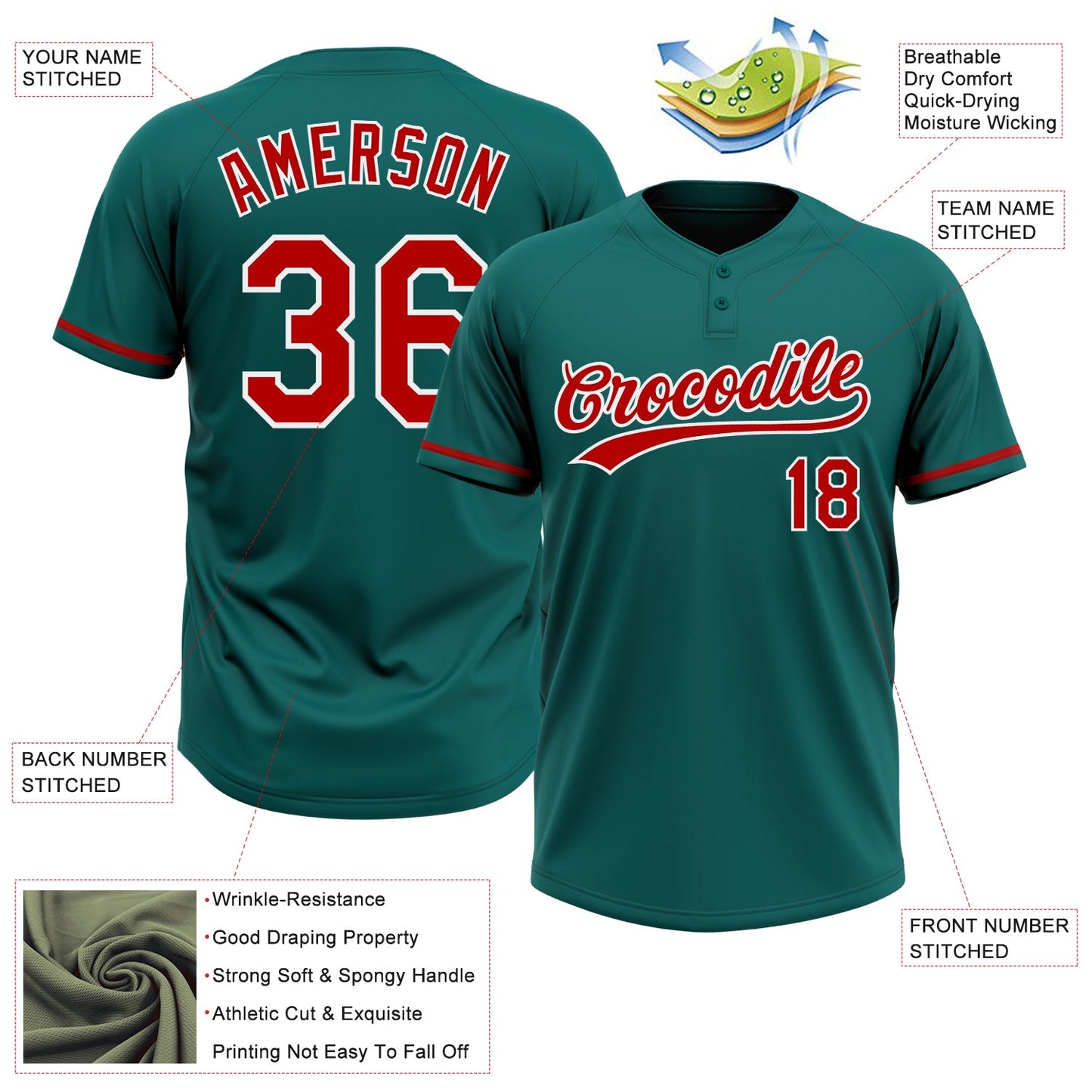 Custom Teal Red-White Two-Button Unisex Softball Jersey view 3