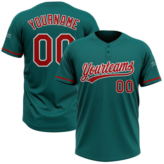 Custom Teal Red-White Two-Button Unisex Softball Jersey - Main View