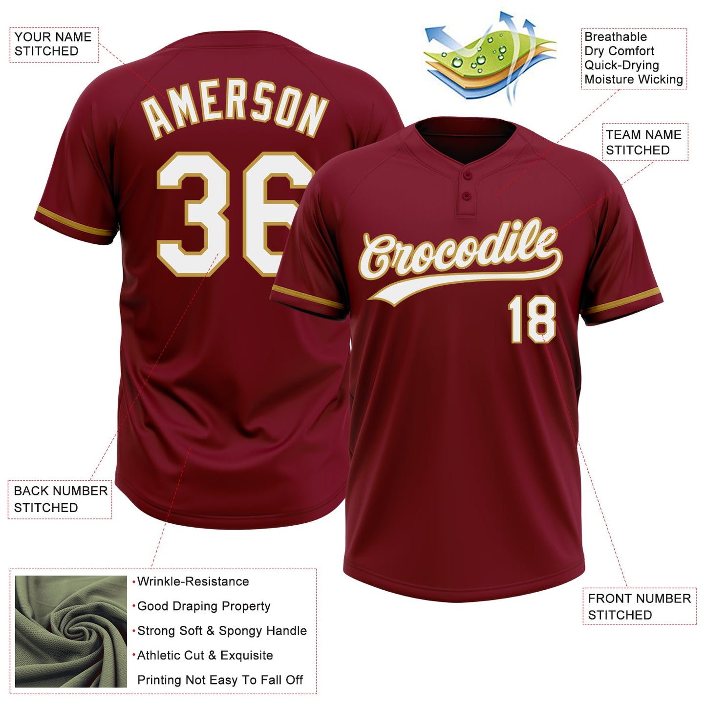 Custom Crimson White-Old Gold Two-Button Unisex Softball Jersey view 3