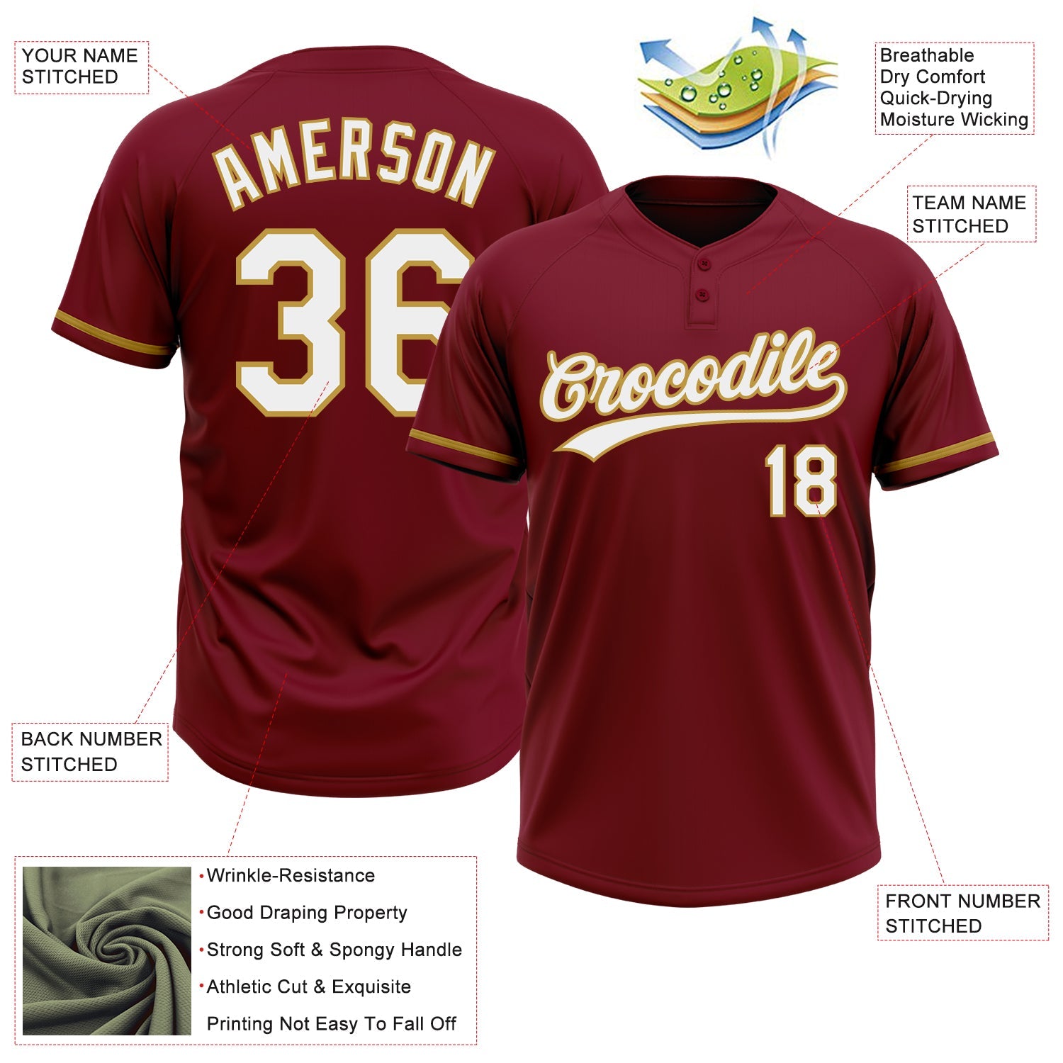 Custom Crimson White-Old Gold Two-Button Unisex Softball Jersey view 3