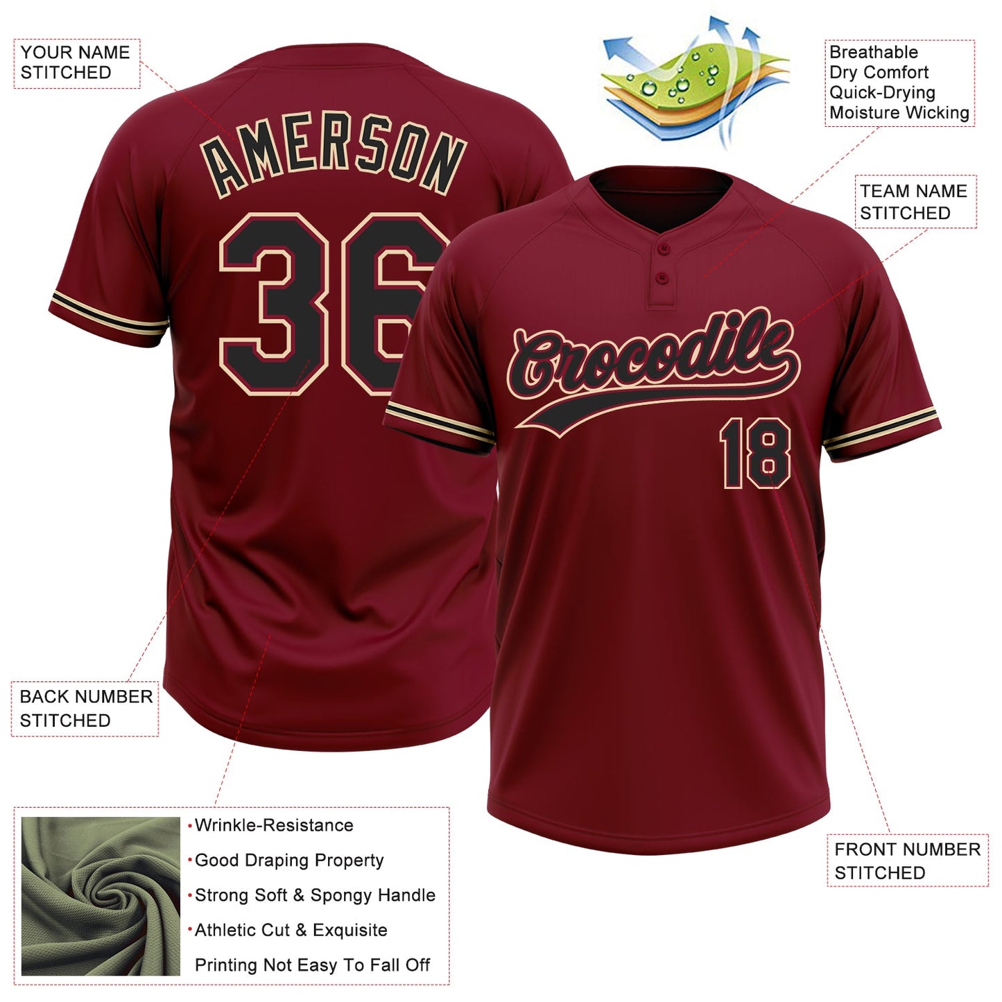 Custom Crimson Black-City Cream Two-Button Unisex Softball Jersey view 3