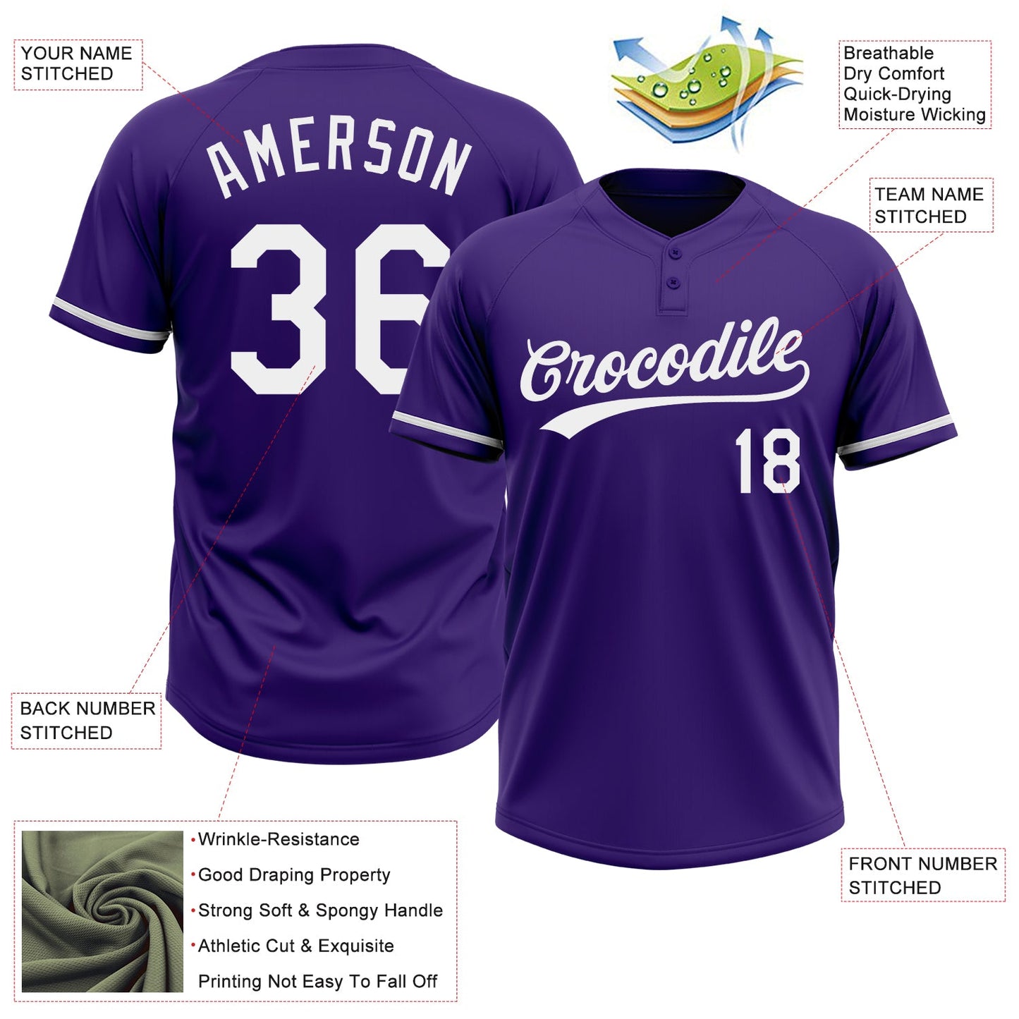 Custom Purple White Two-Button Unisex Softball Jersey view 3