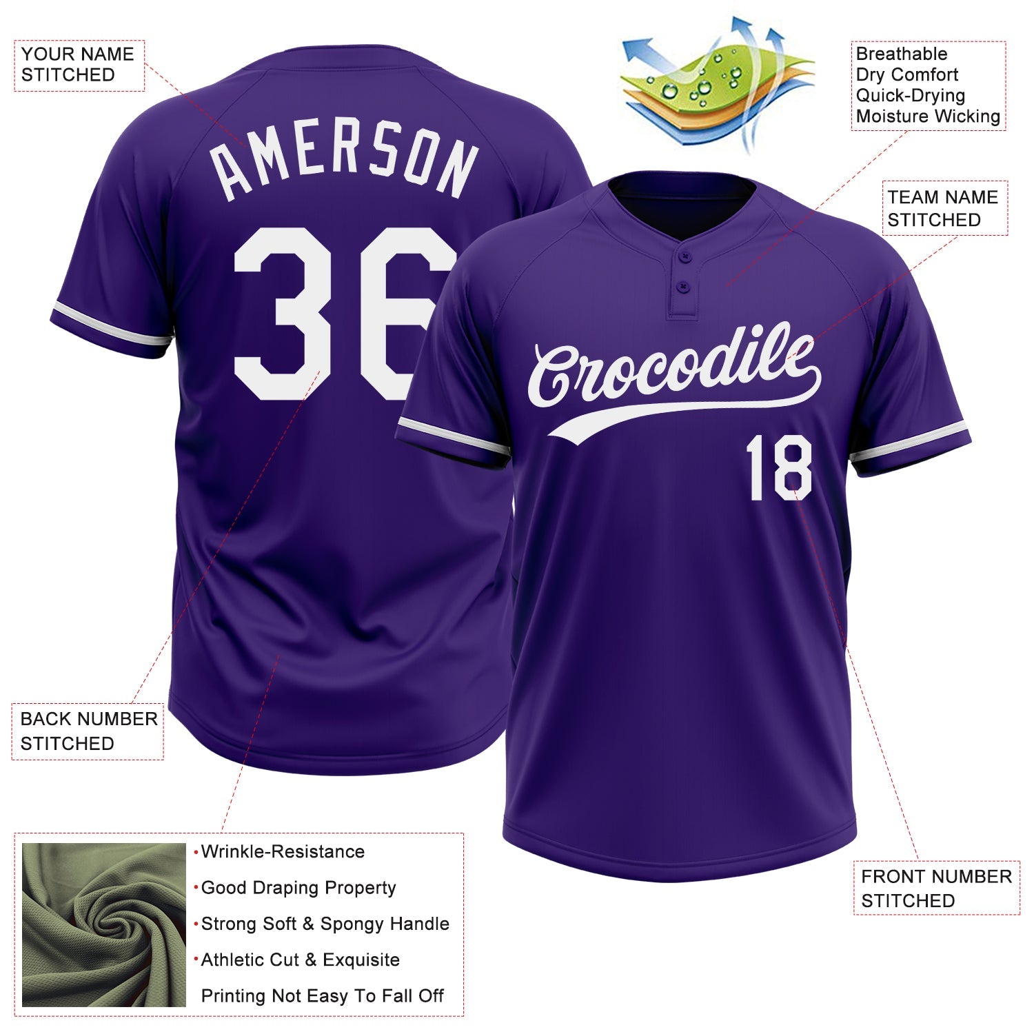 Custom Purple White Two-Button Unisex Softball Jersey view 3
