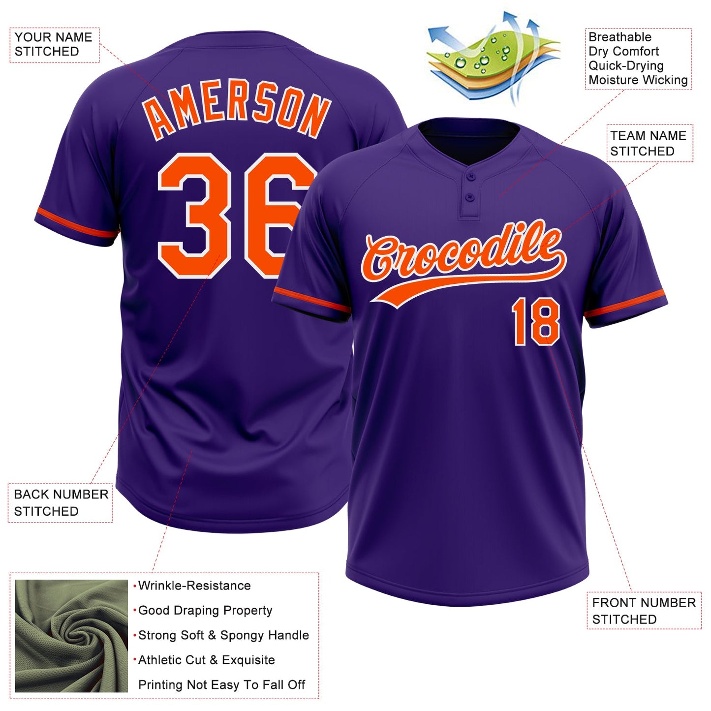 Custom Purple Orange-White Two-Button Unisex Softball Jersey view 3