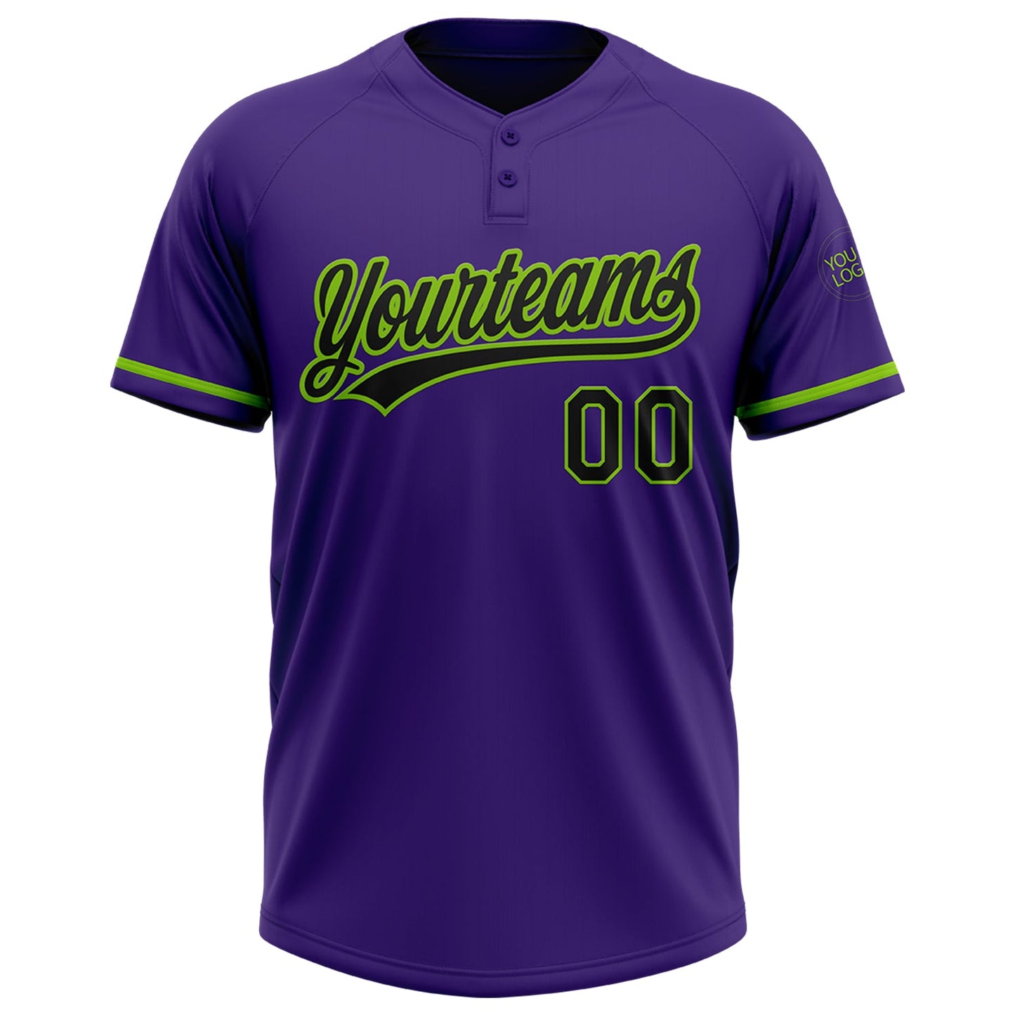 Custom Purple Black-Neon Green Two-Button Unisex Softball Jersey view 2