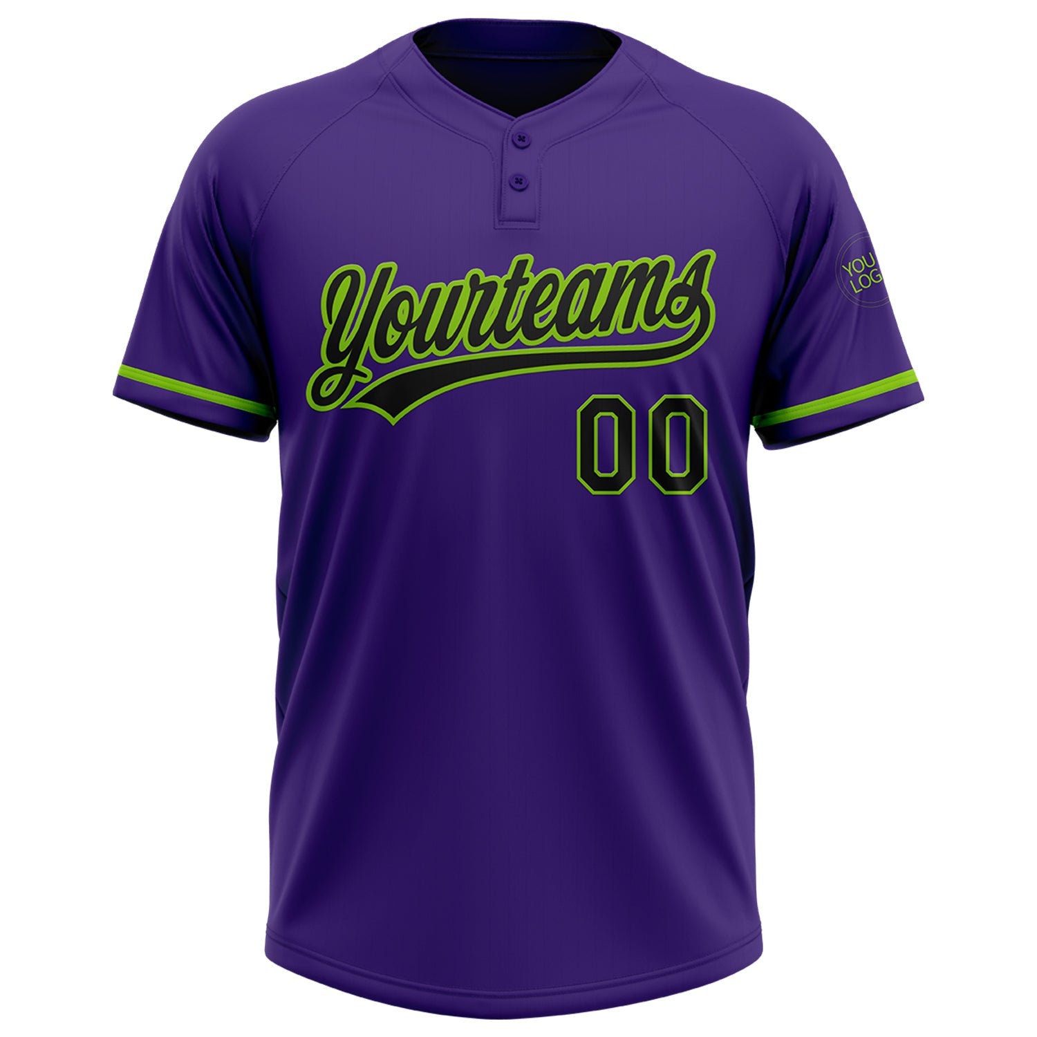 Custom Purple Black-Neon Green Two-Button Unisex Softball Jersey view 2