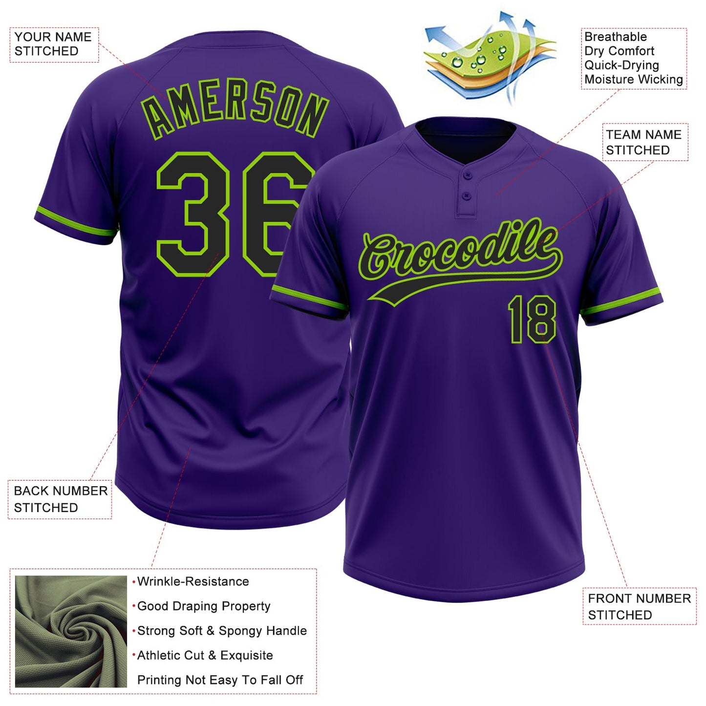 Custom Purple Black-Neon Green Two-Button Unisex Softball Jersey view 3