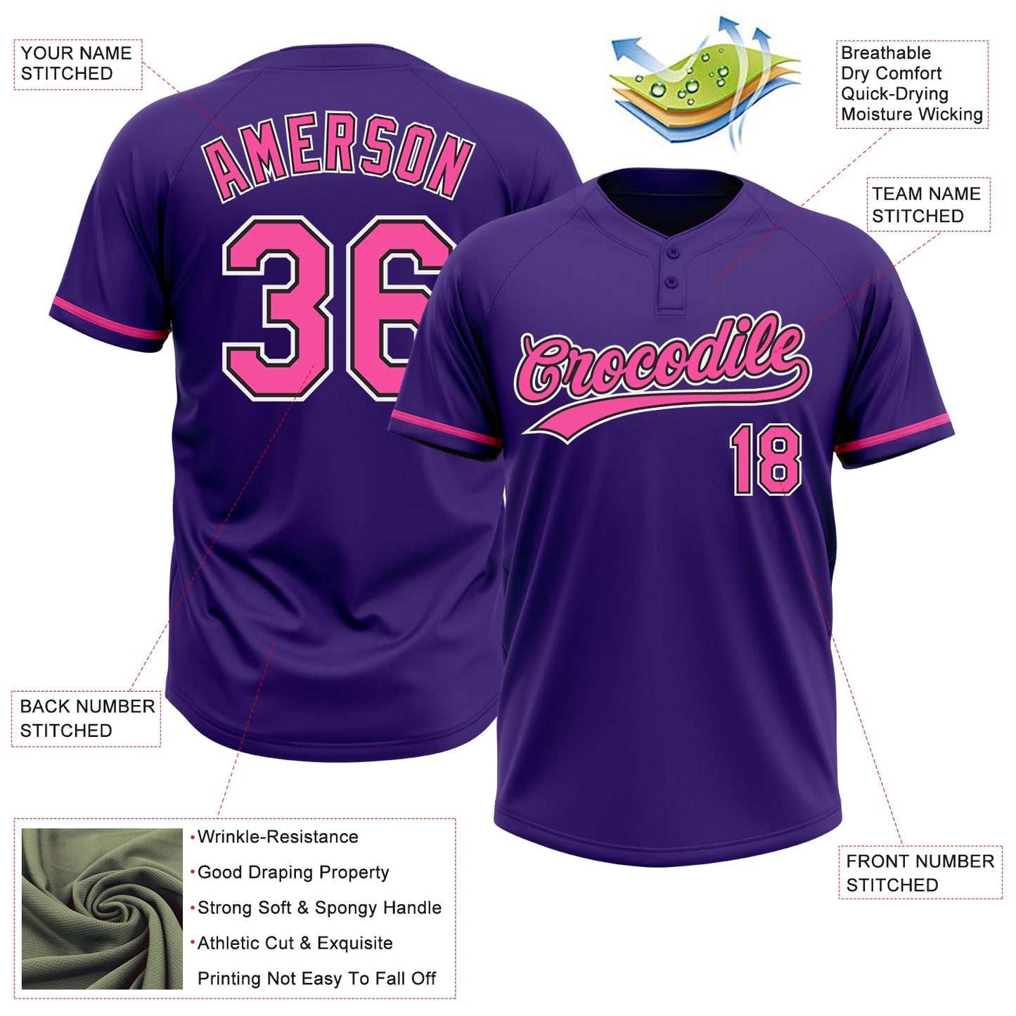 Custom Purple Pink-Black Two-Button Unisex Softball Jersey view 3