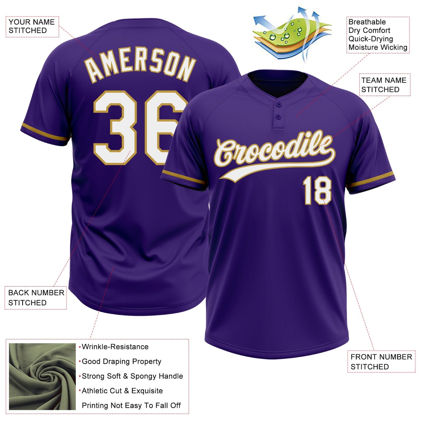 Custom Purple White-Old Gold Two-Button Unisex Softball Jersey view 3