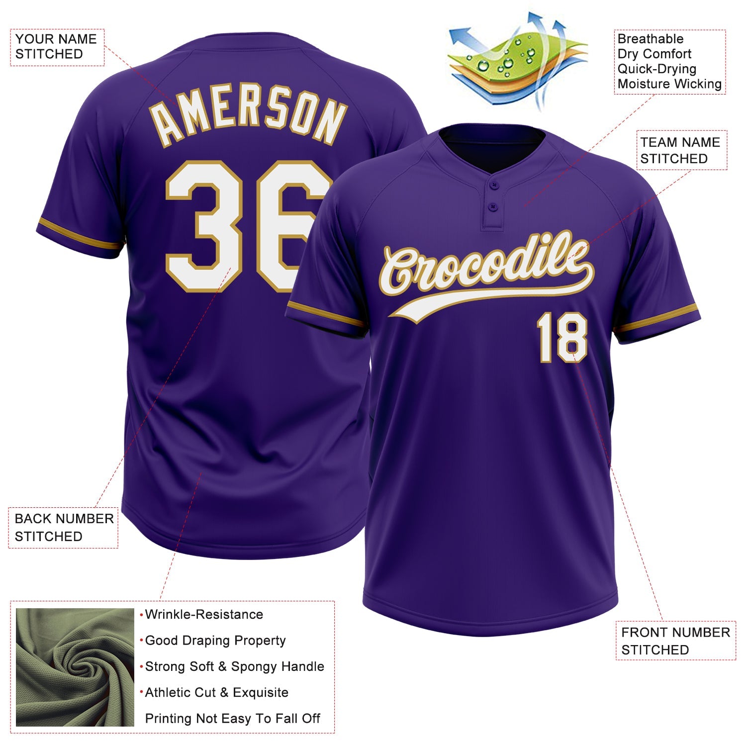 Custom Purple White-Old Gold Two-Button Unisex Softball Jersey view 3