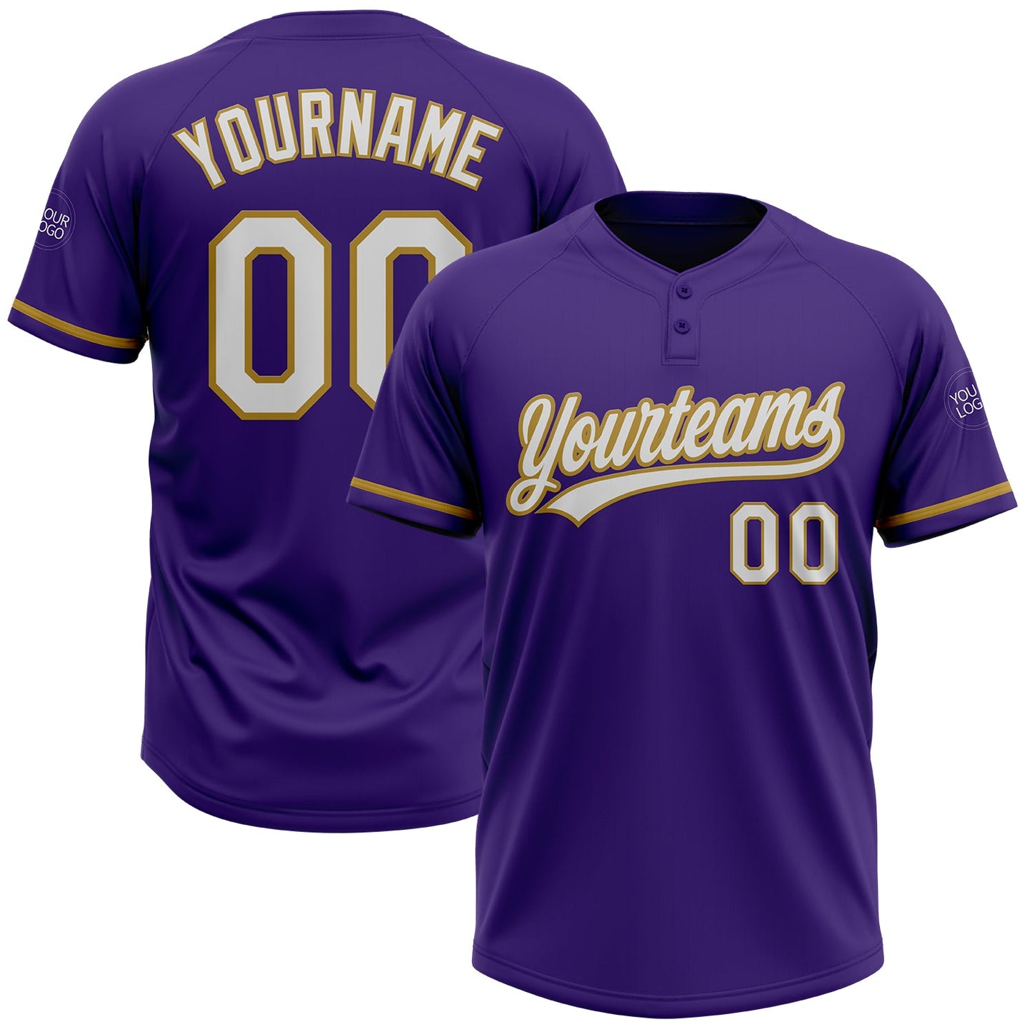Custom Purple White-Old Gold Two-Button Unisex Softball Jersey - Main View