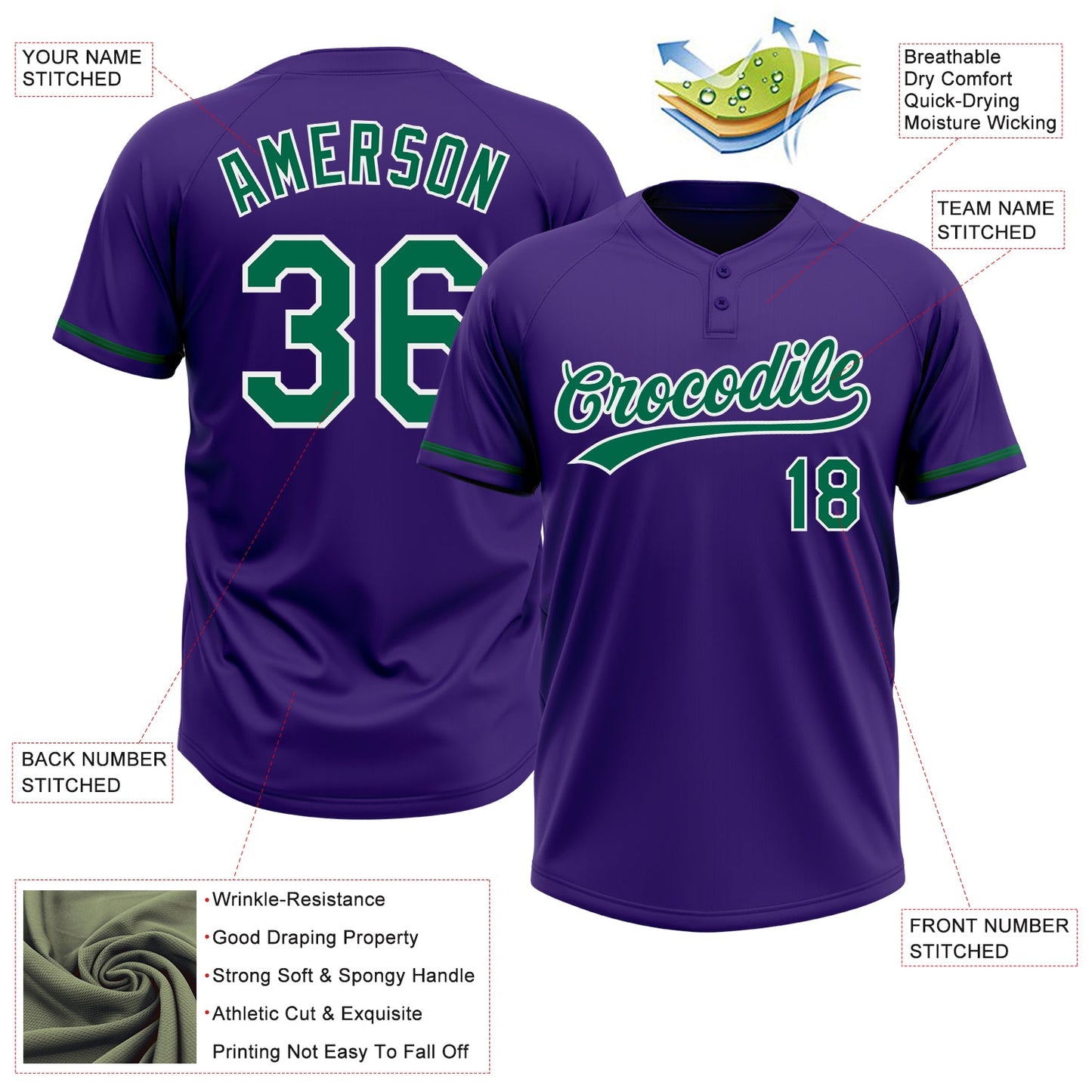 Custom Purple Kelly Green-White Two-Button Unisex Softball Jersey view 3