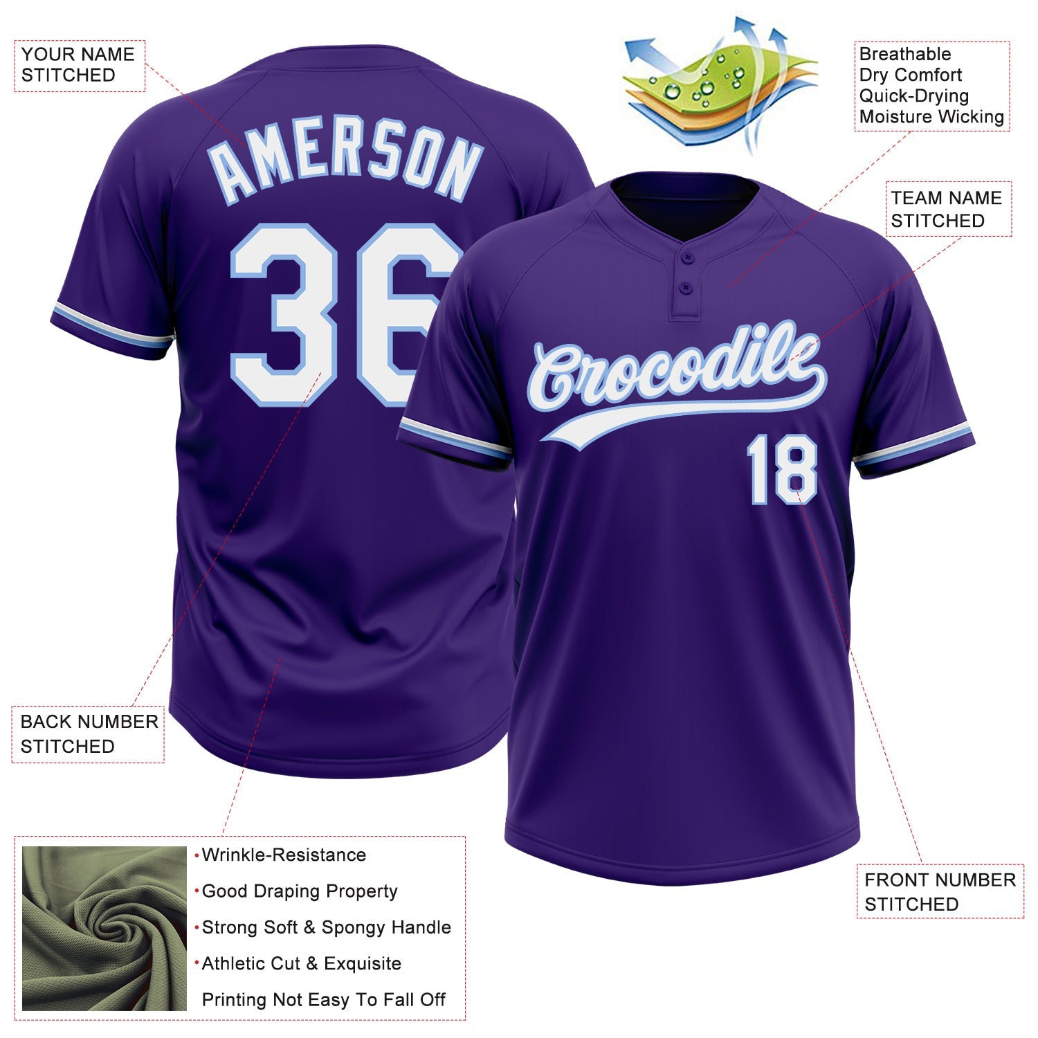 Custom Purple White-Light Blue Two-Button Unisex Softball Jersey view 3