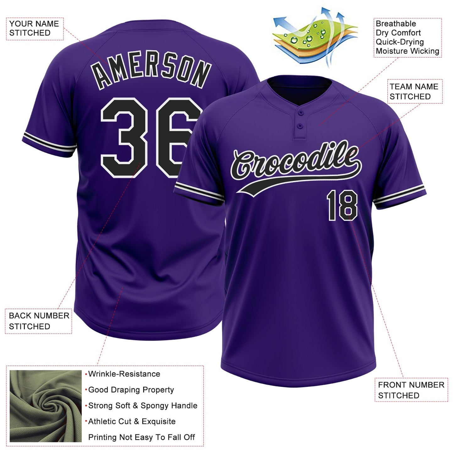 Custom Purple Black-White Two-Button Unisex Softball Jersey view 3