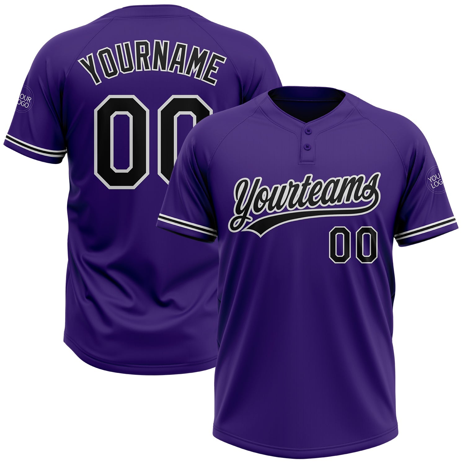 Custom Purple Black-White Two-Button Unisex Softball Jersey - Main View
